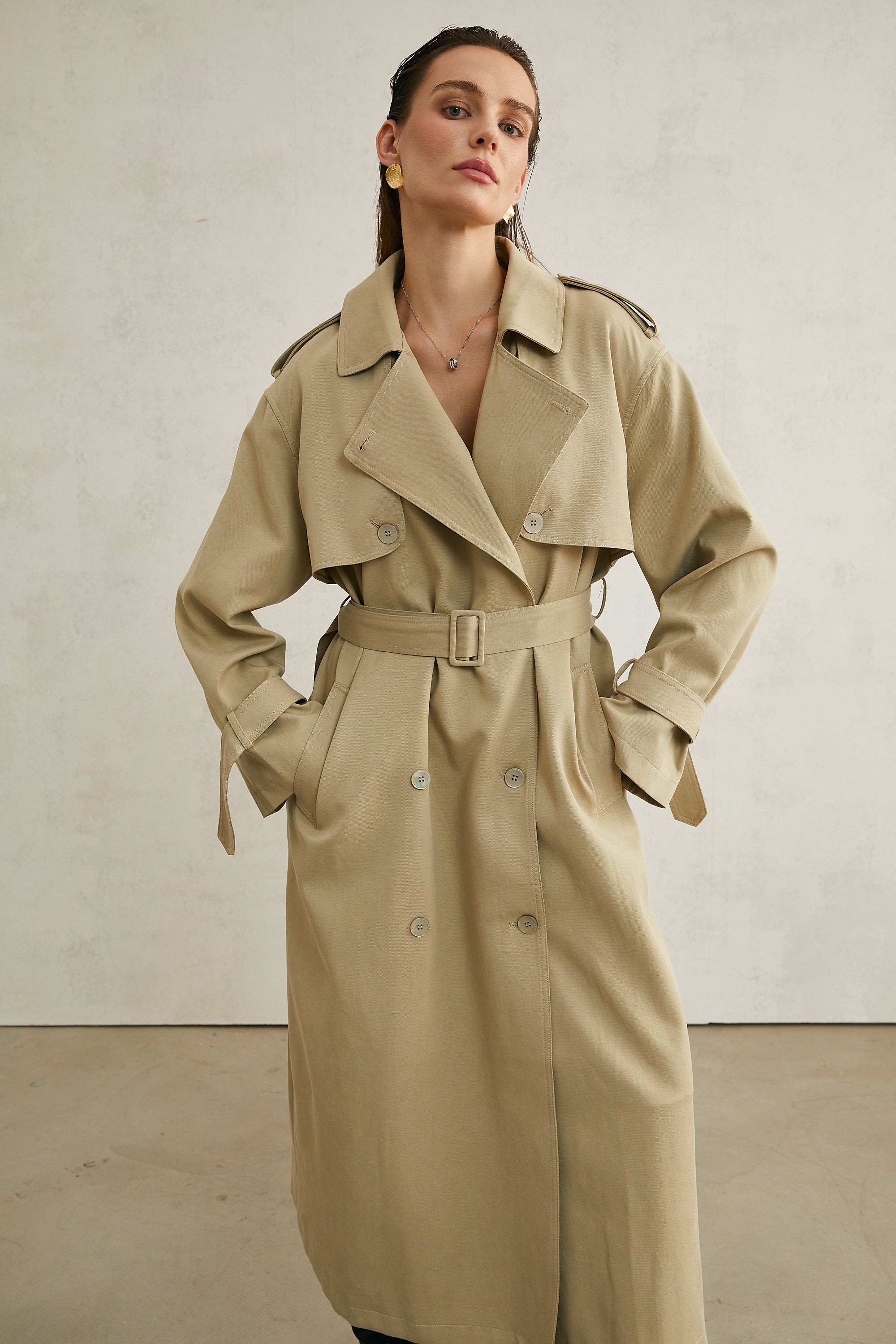 Carlotta khaki belted trench coat