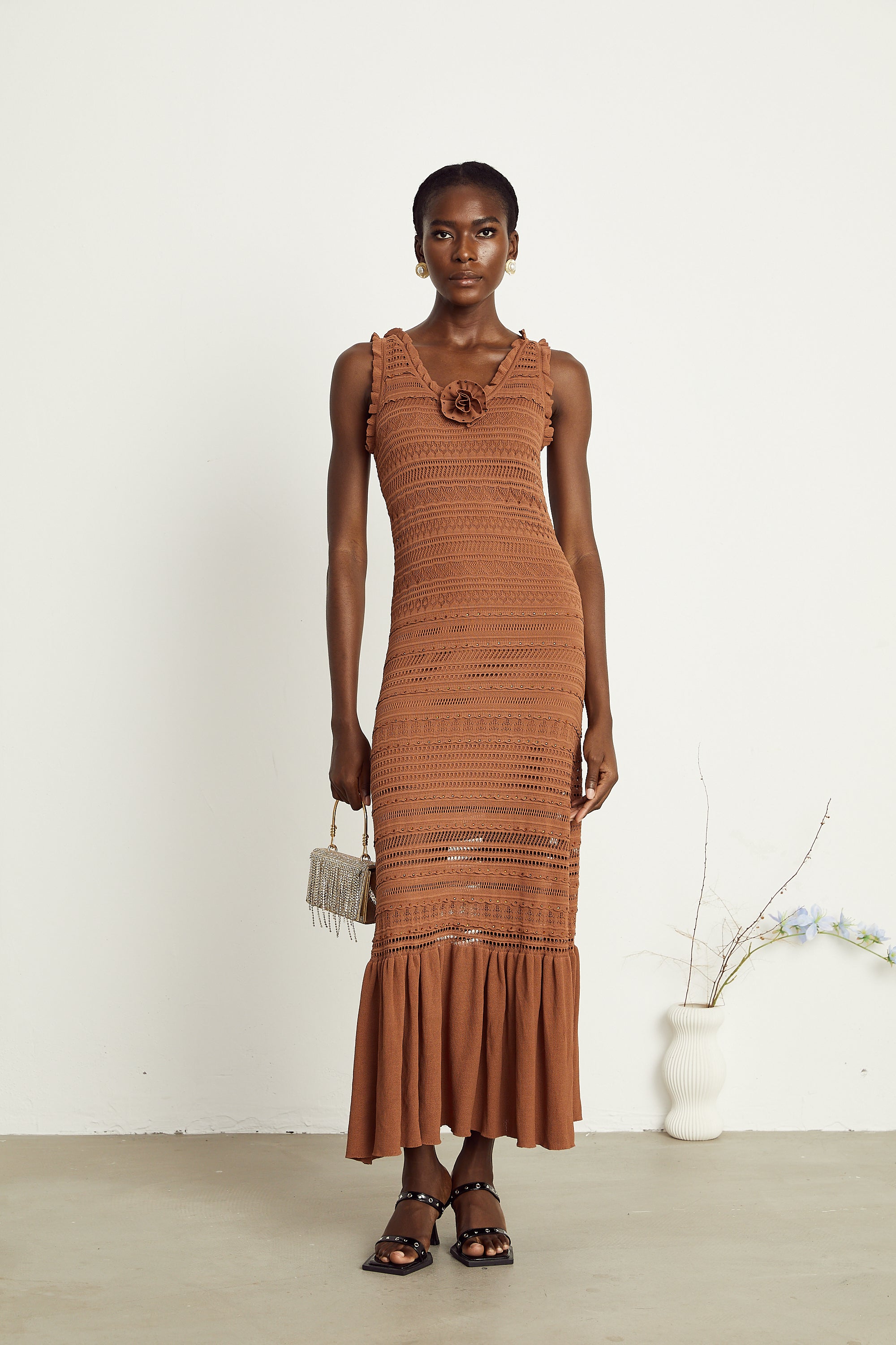 Béatrice brown crochet-knit flower maxi dress