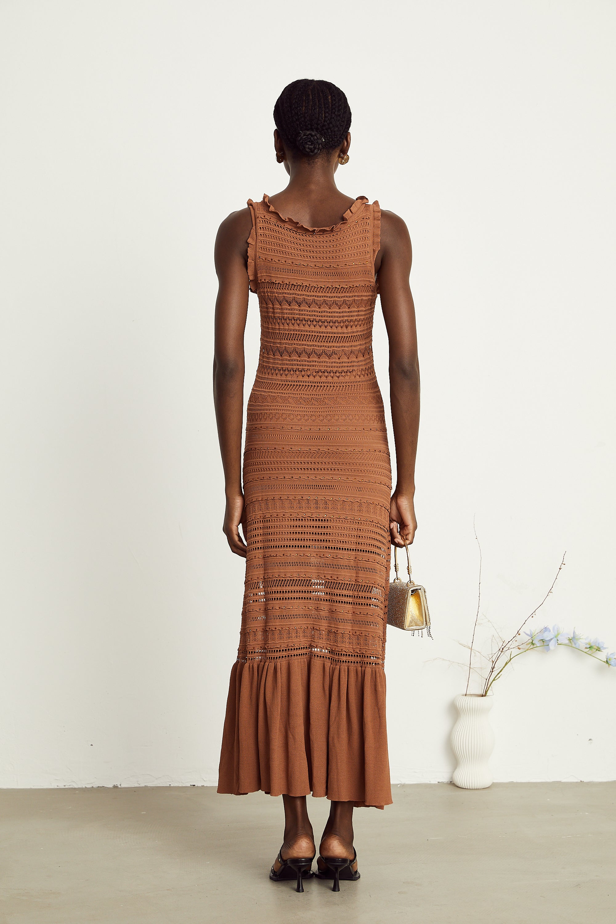 Béatrice brown crochet-knit flower maxi dress