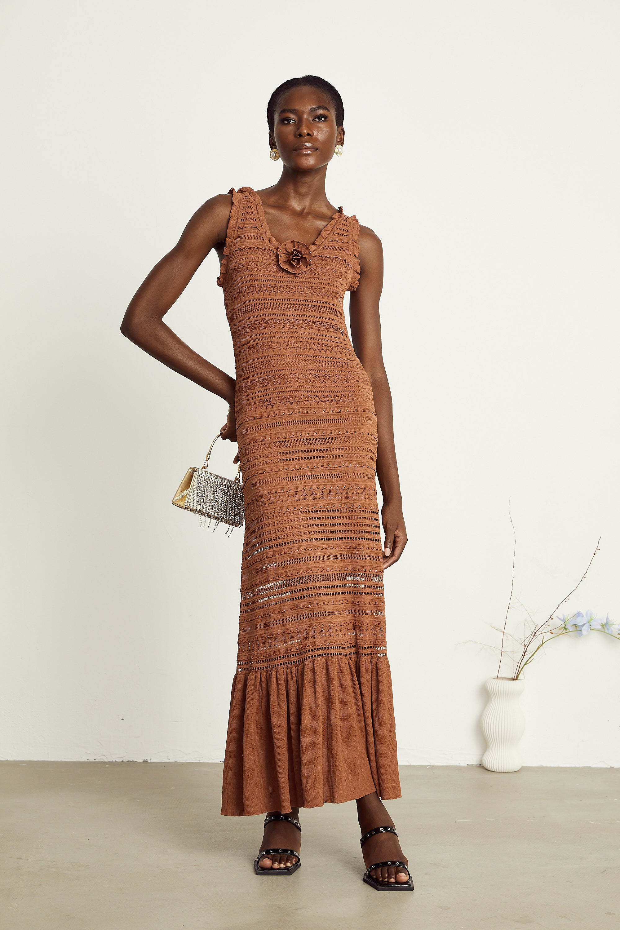 Béatrice brown crochet-knit flower maxi dress