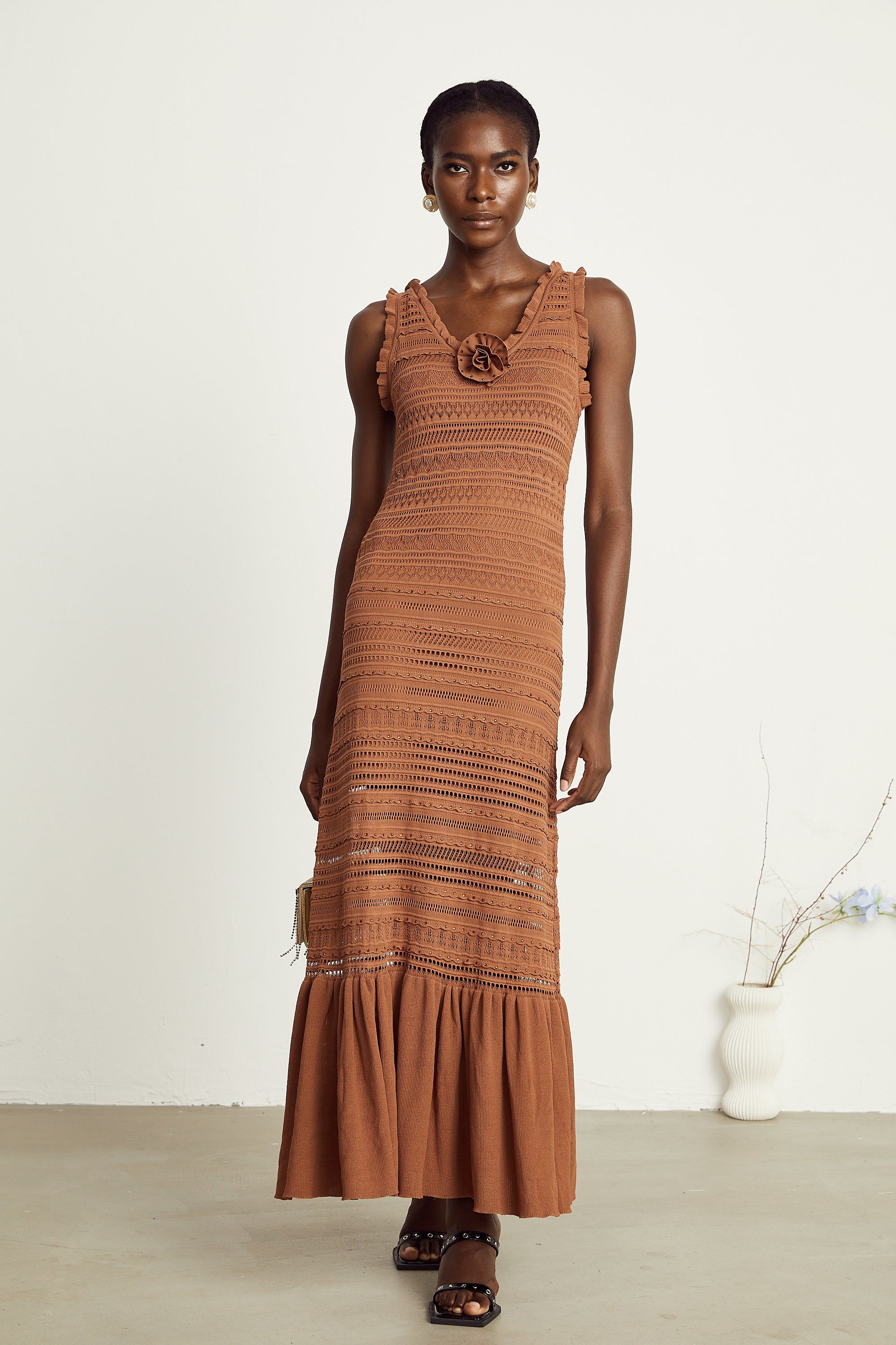 Béatrice brown crochet-knit flower maxi dress