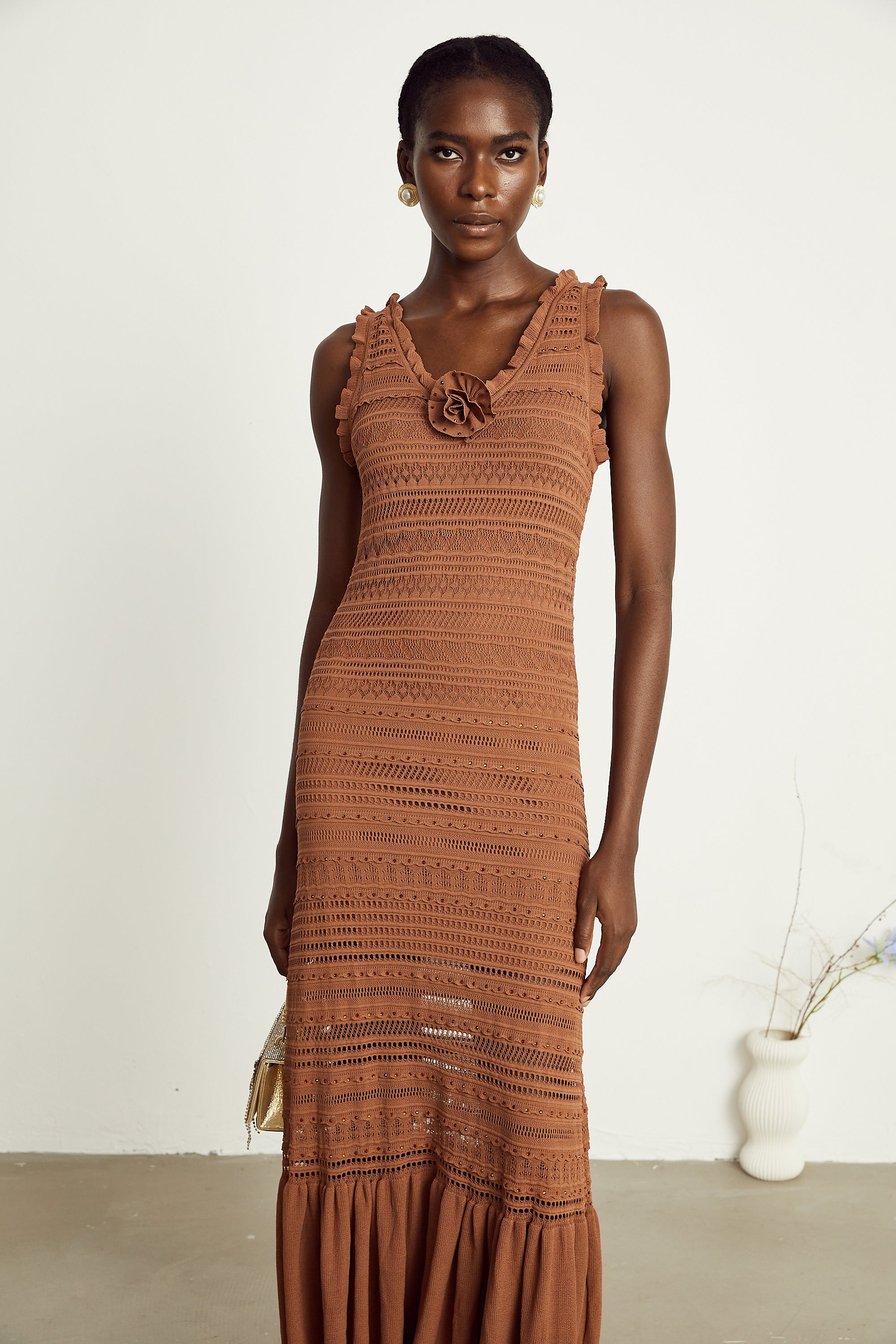 Béatrice brown crochet-knit flower maxi dress