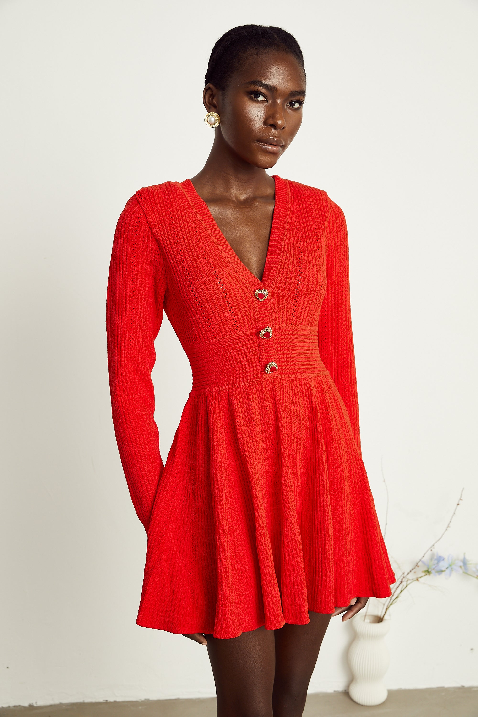 Coralie red V-neck flared mini dress