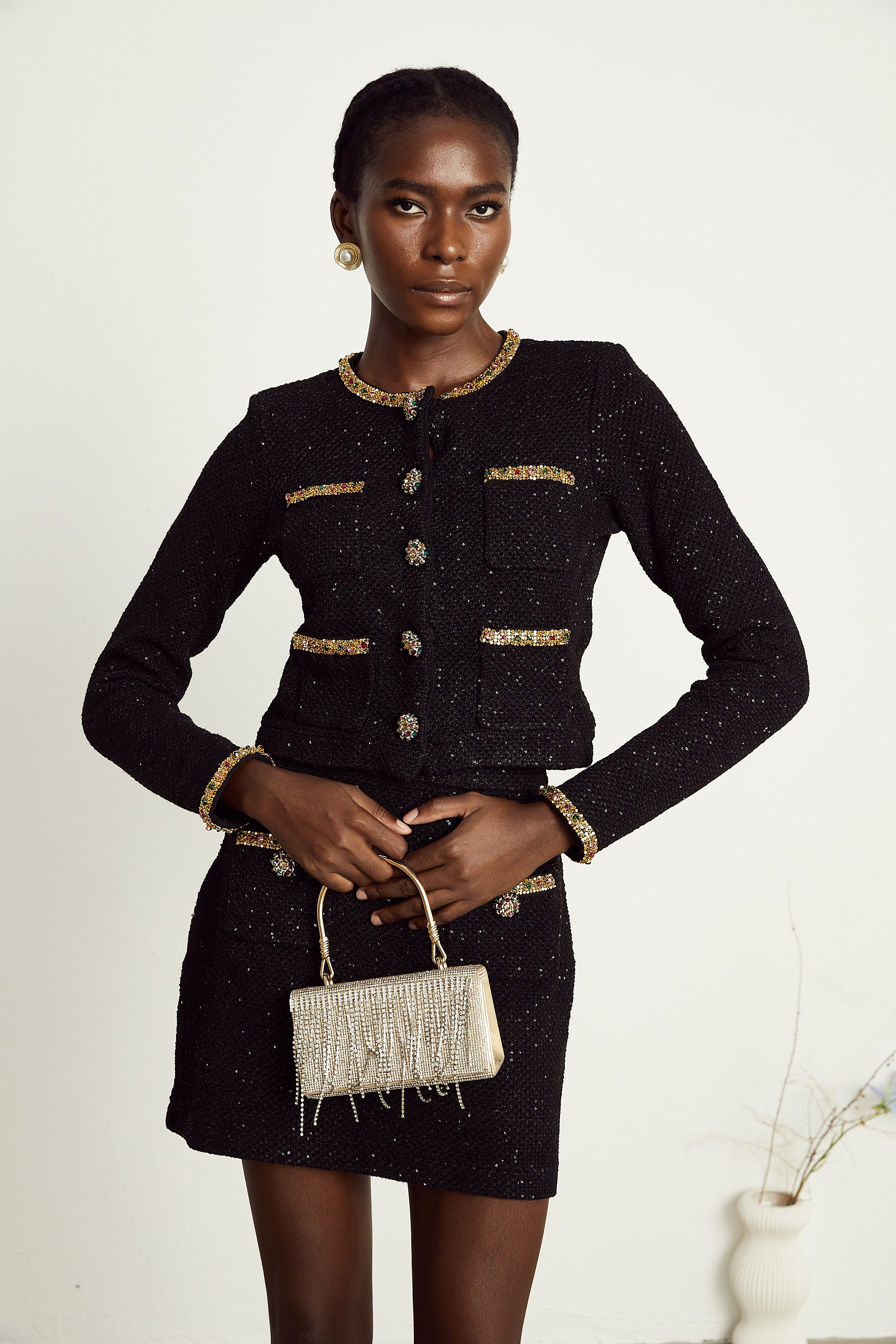 Ariane black sequined tweed jacket & skirt matching set