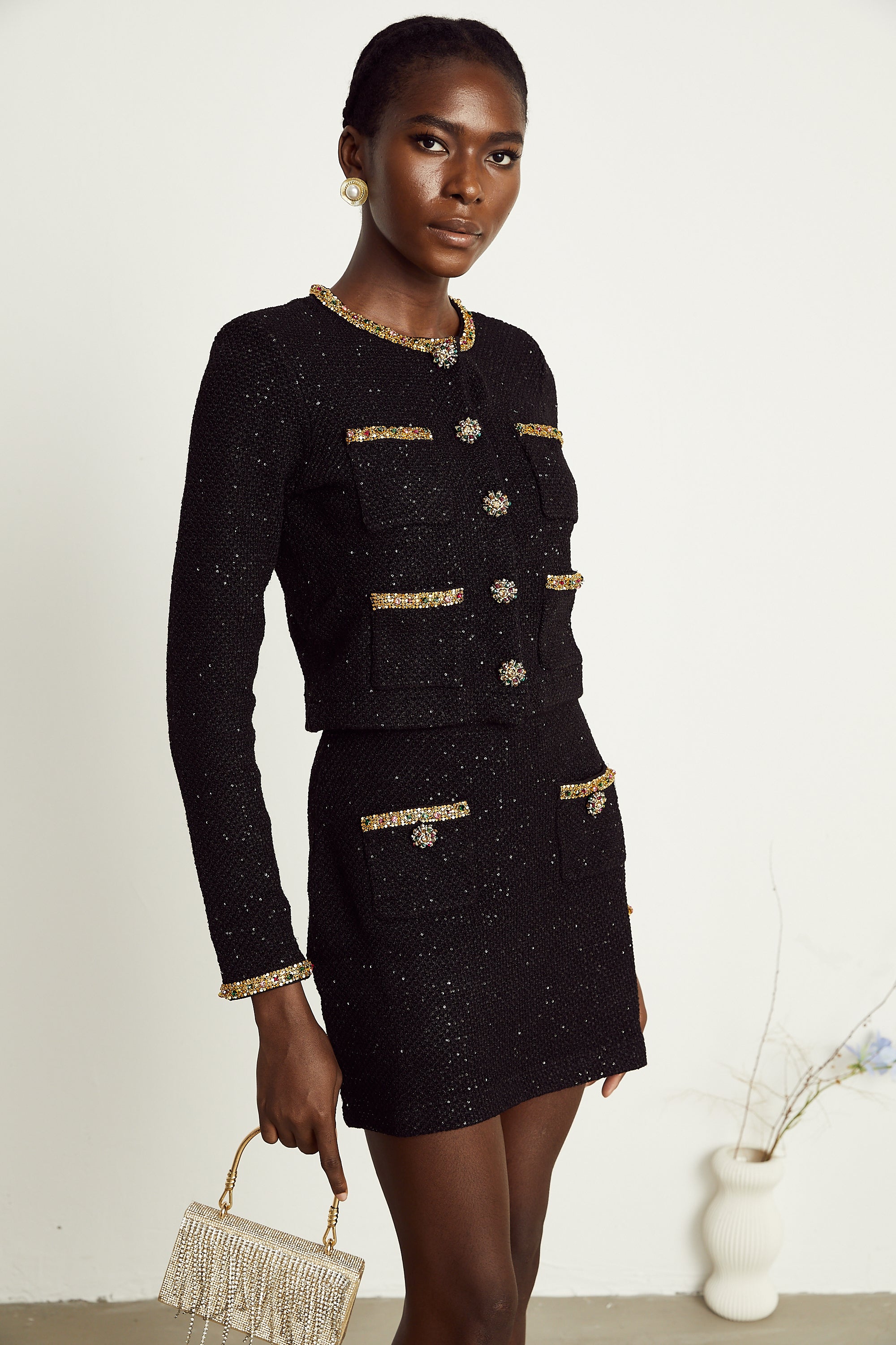 Ariane black sequined tweed jacket & skirt matching set