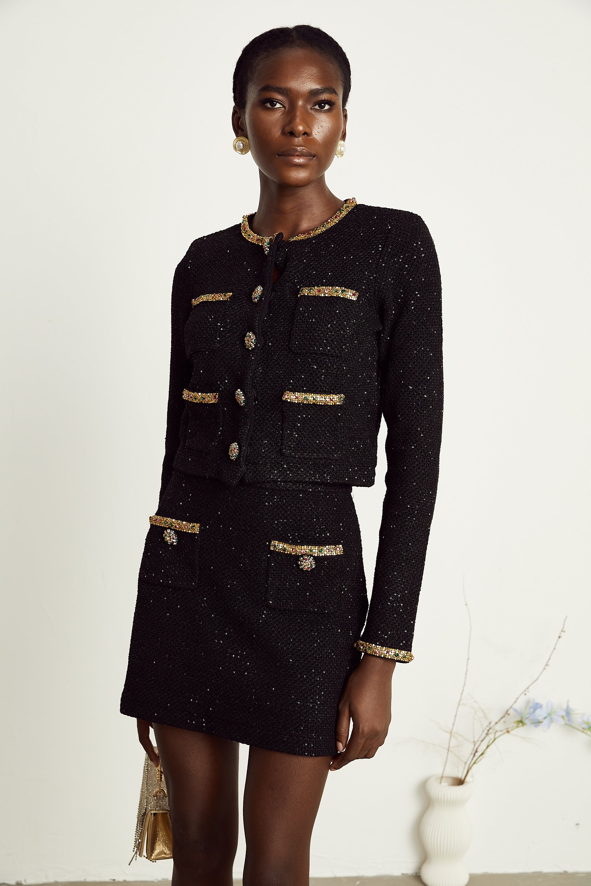 Ariane black sequined tweed jacket & skirt matching set