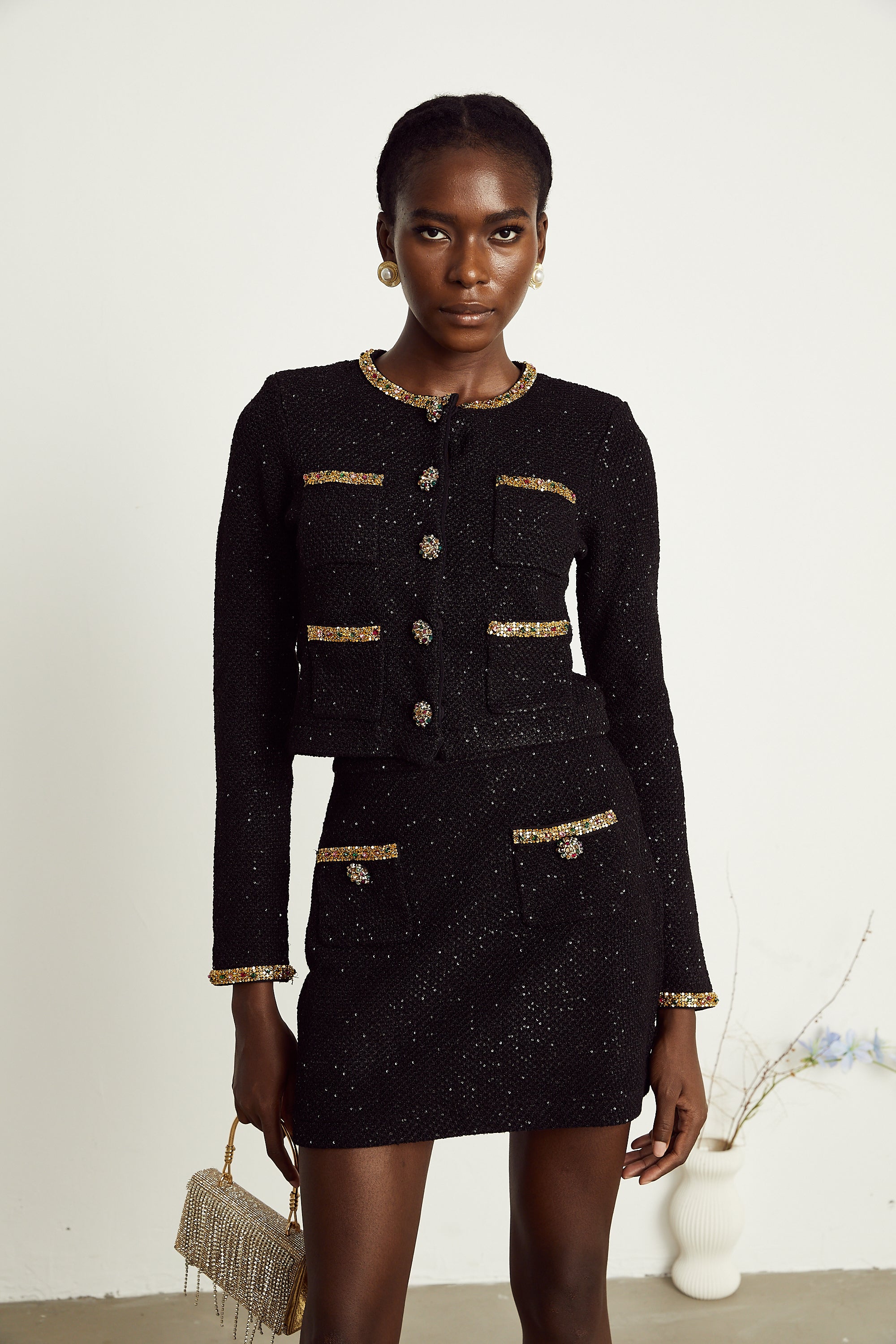 Ariane black sequined tweed jacket & skirt matching set