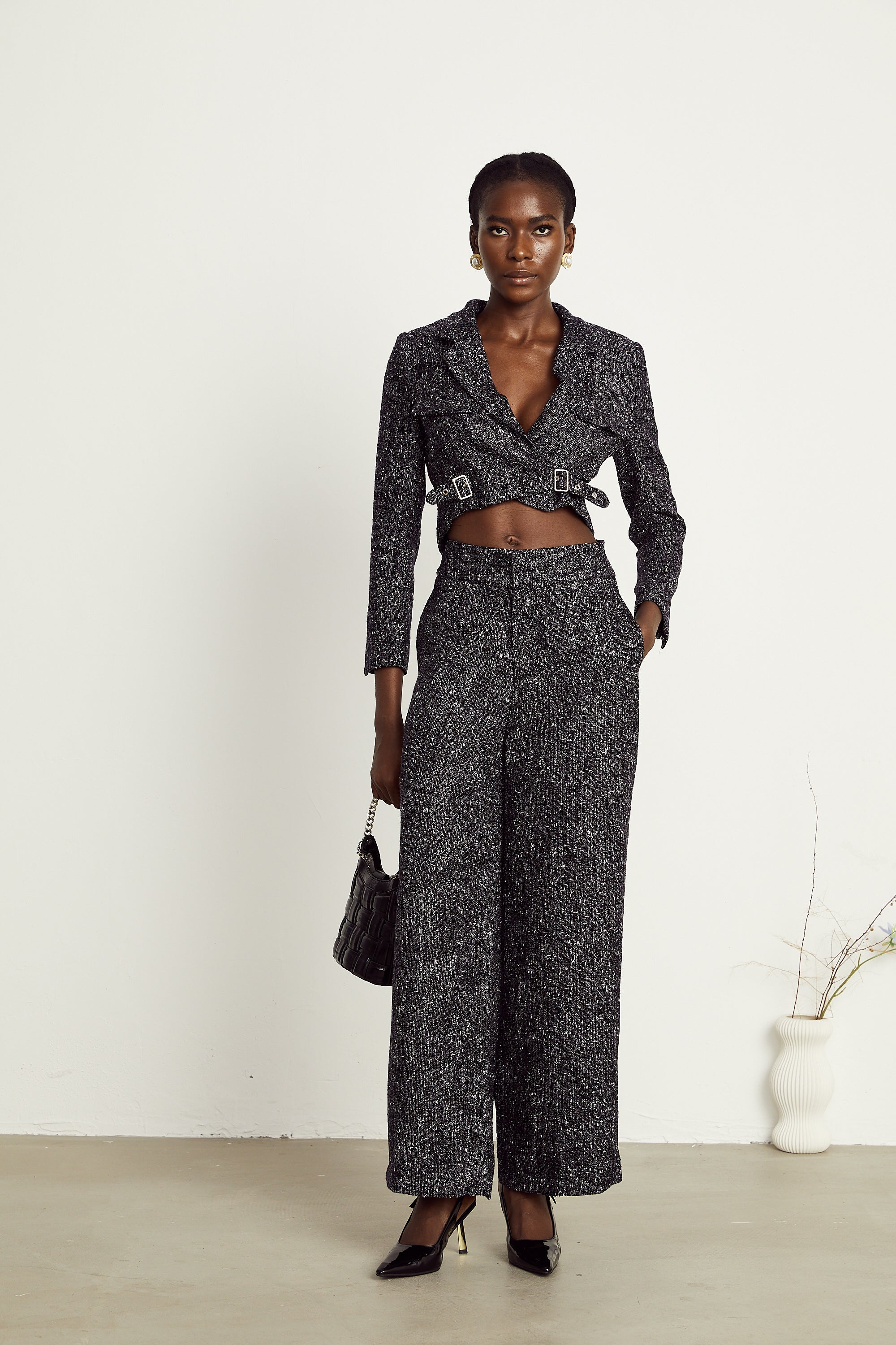 Inès black tweed jacket & trousers matching set