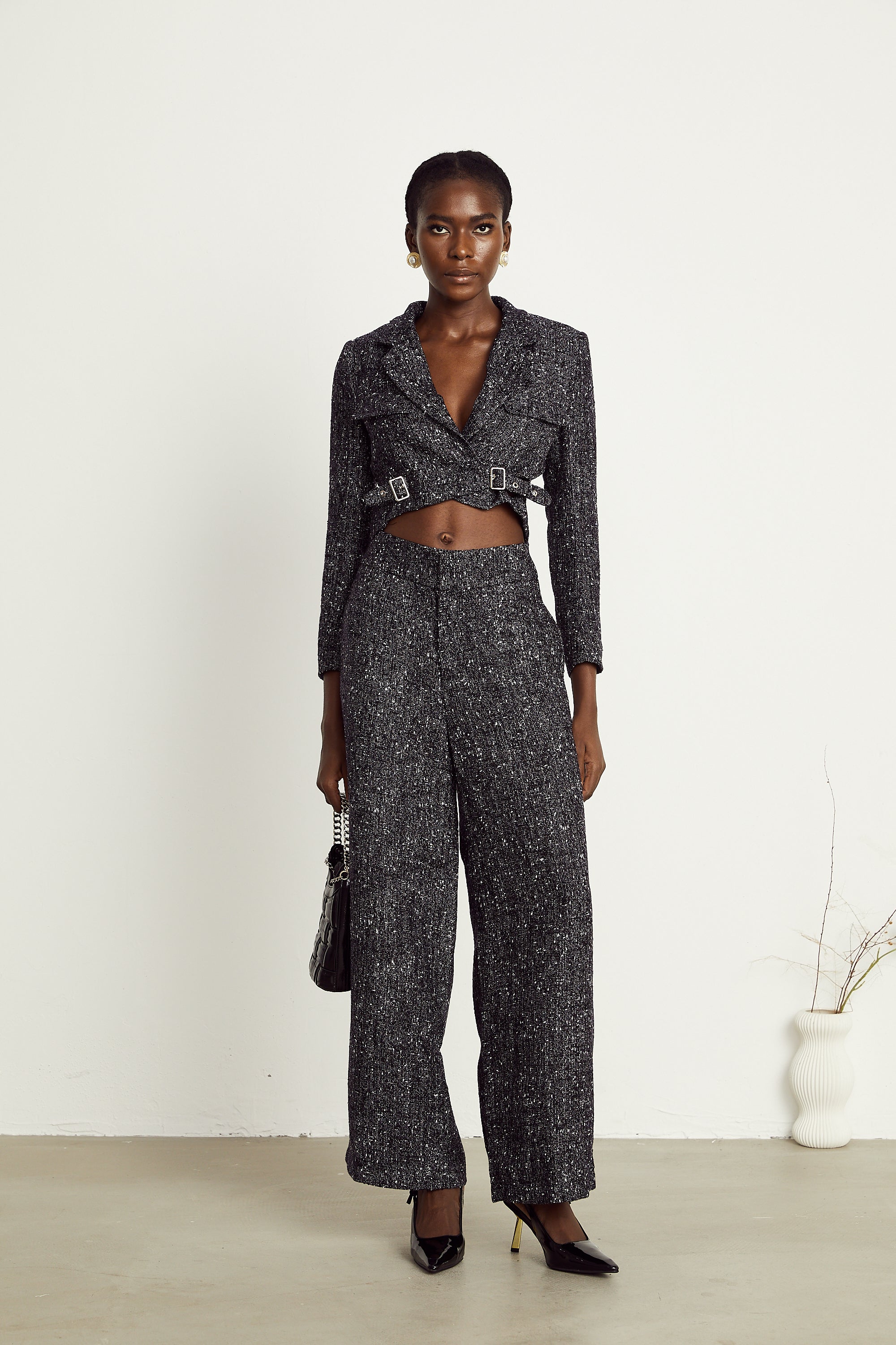 Inès black tweed jacket & trousers matching set