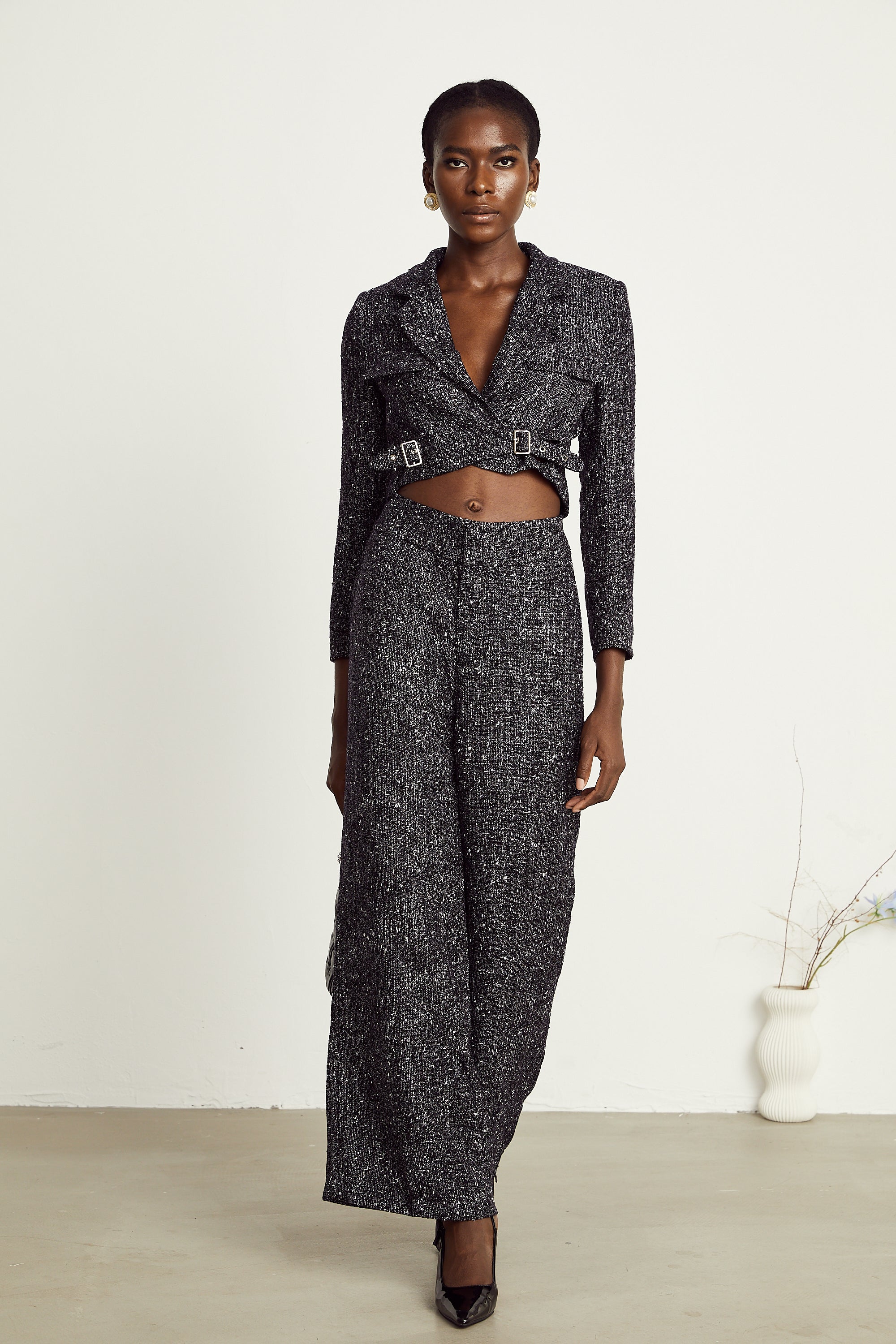 Inès black tweed jacket & trousers matching set