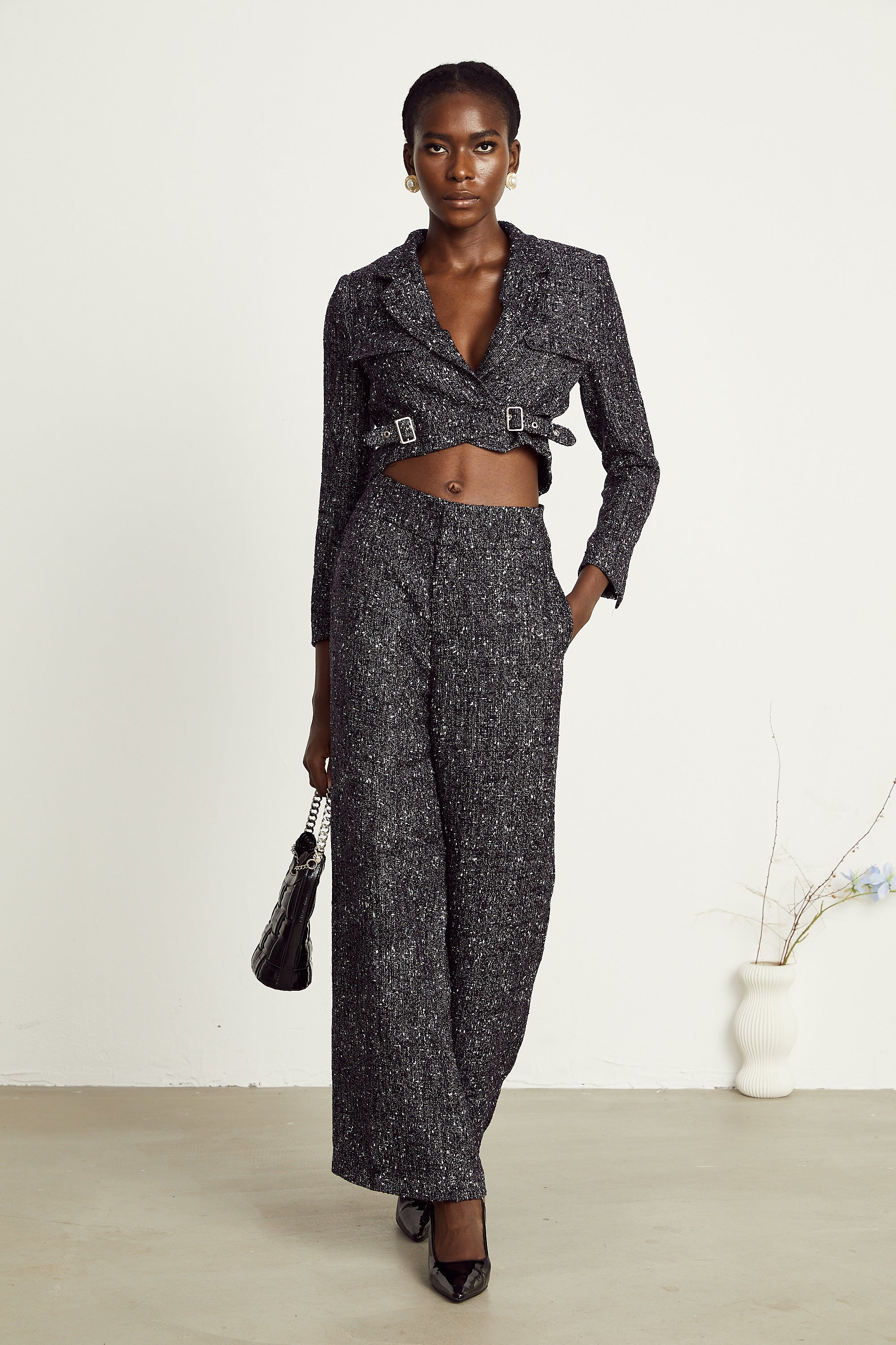 Inès black tweed jacket & trousers matching set