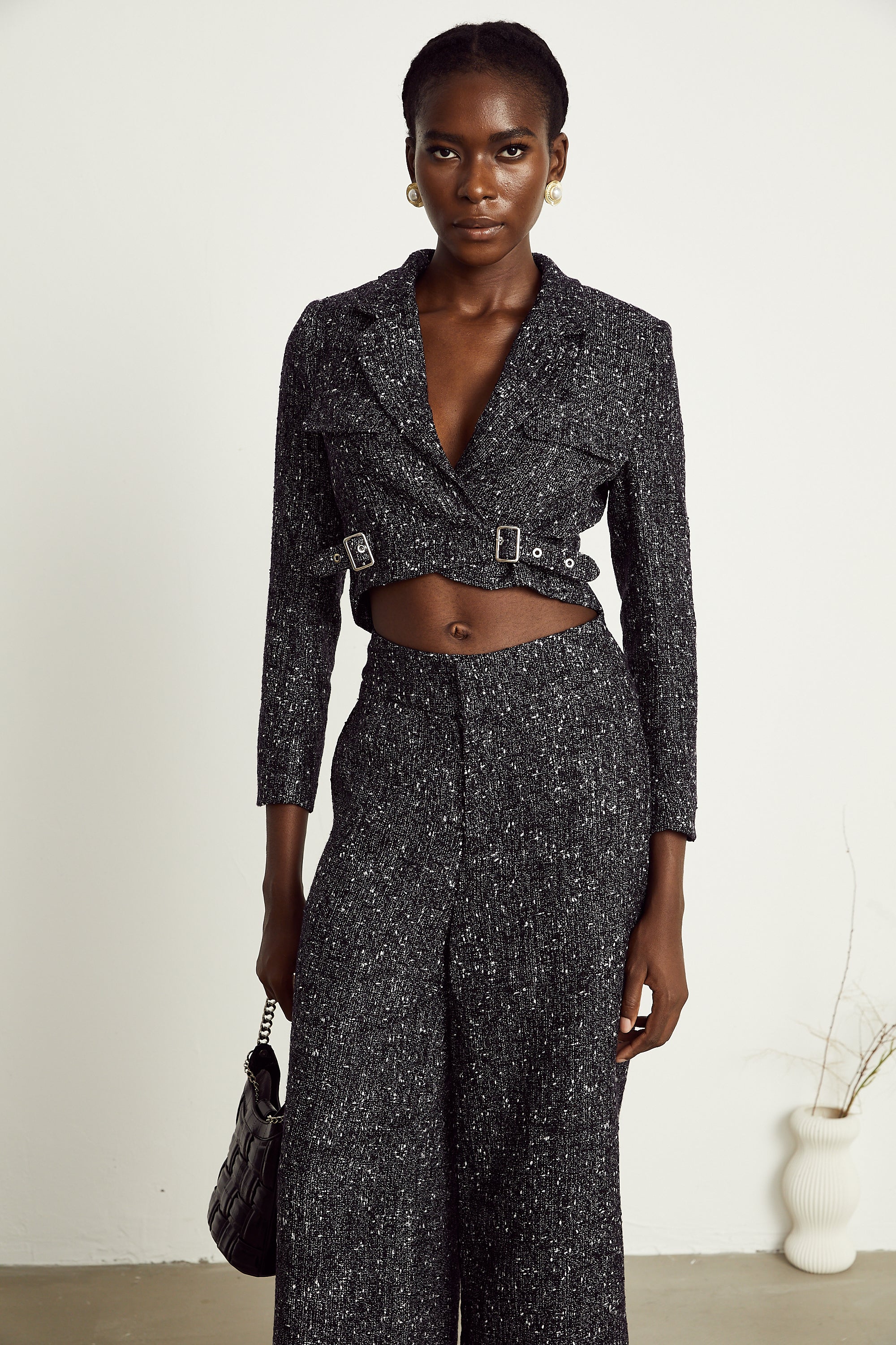 Inès black tweed jacket & trousers matching set