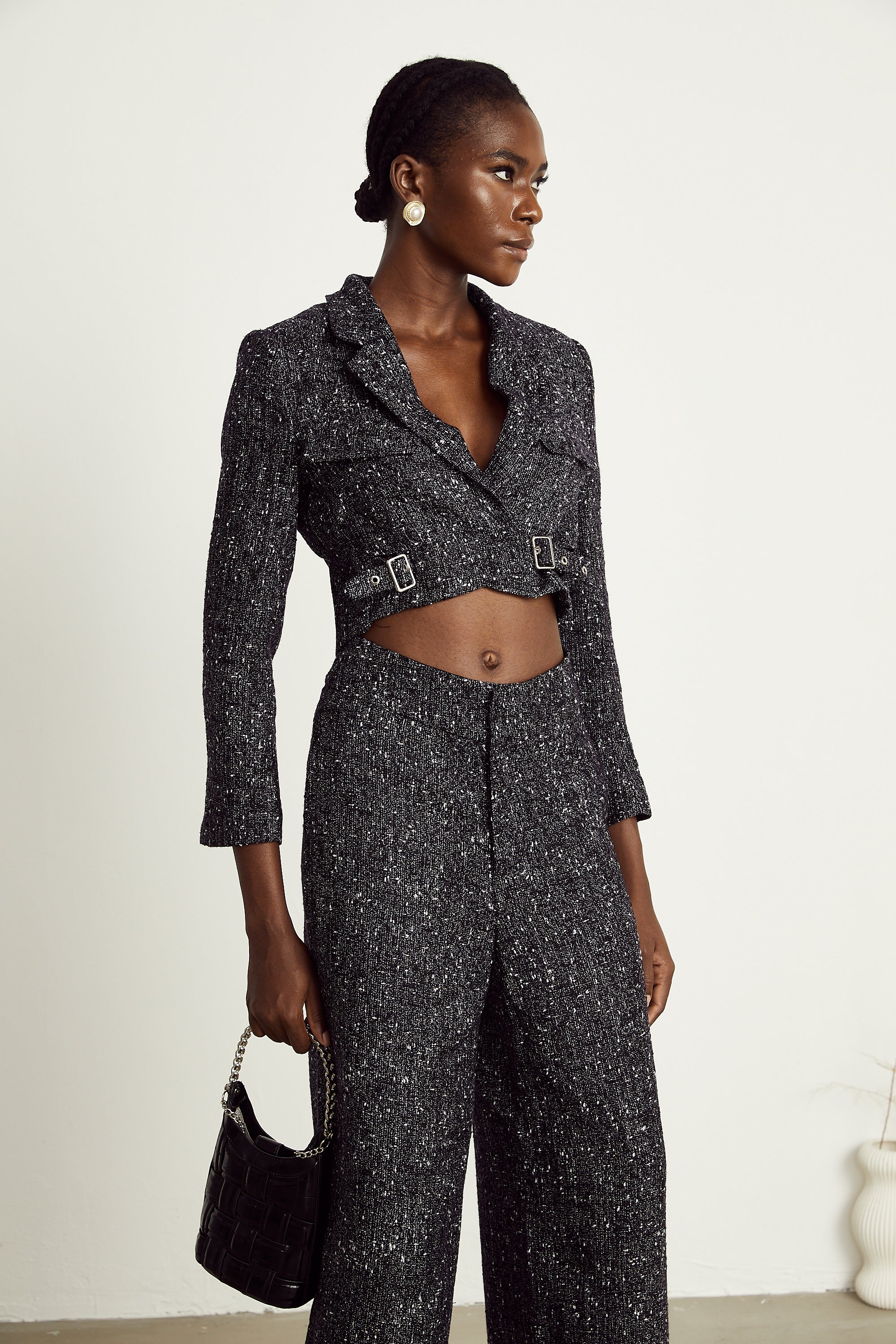 Inès black tweed jacket & trousers matching set