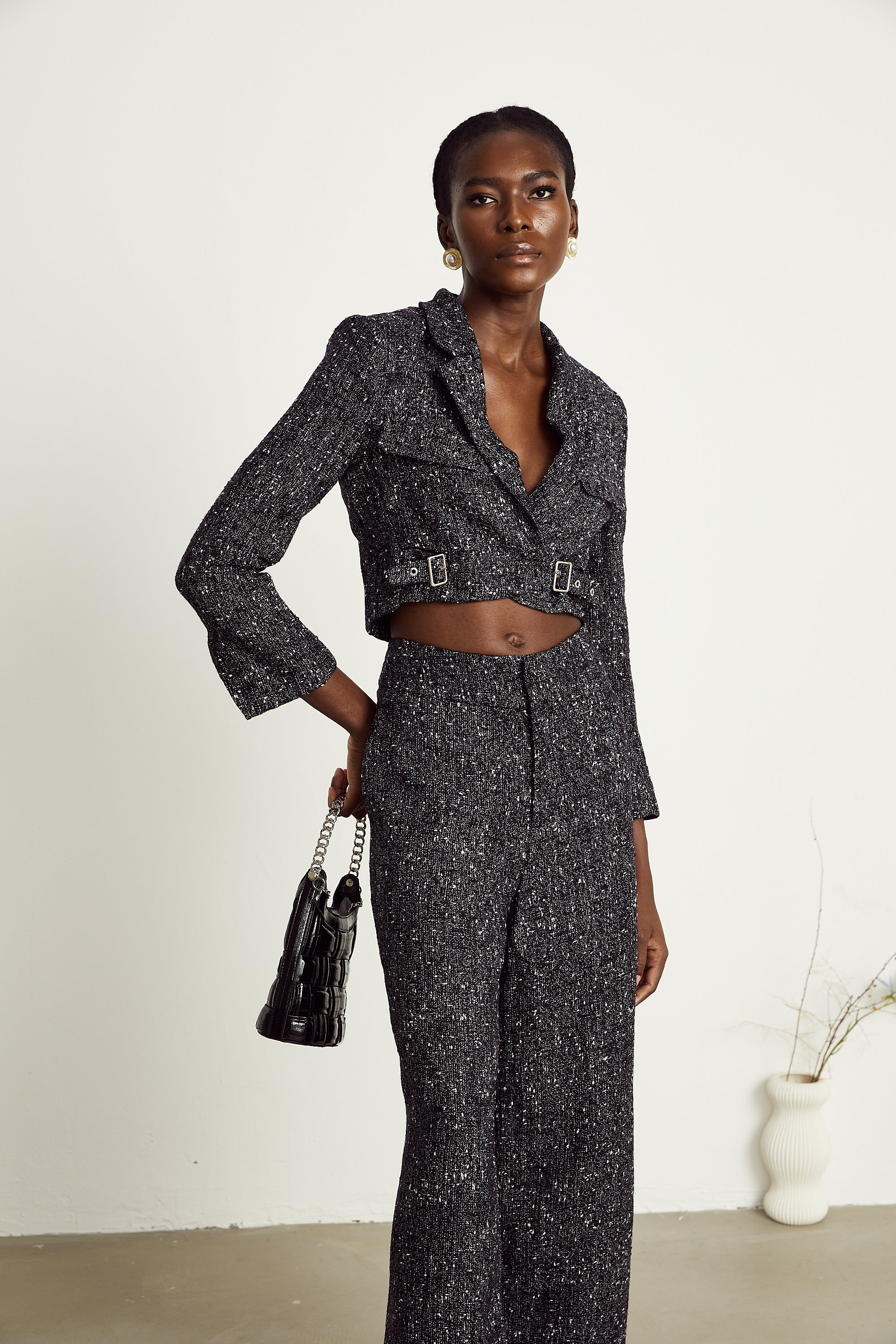 Inès black tweed jacket & trousers matching set