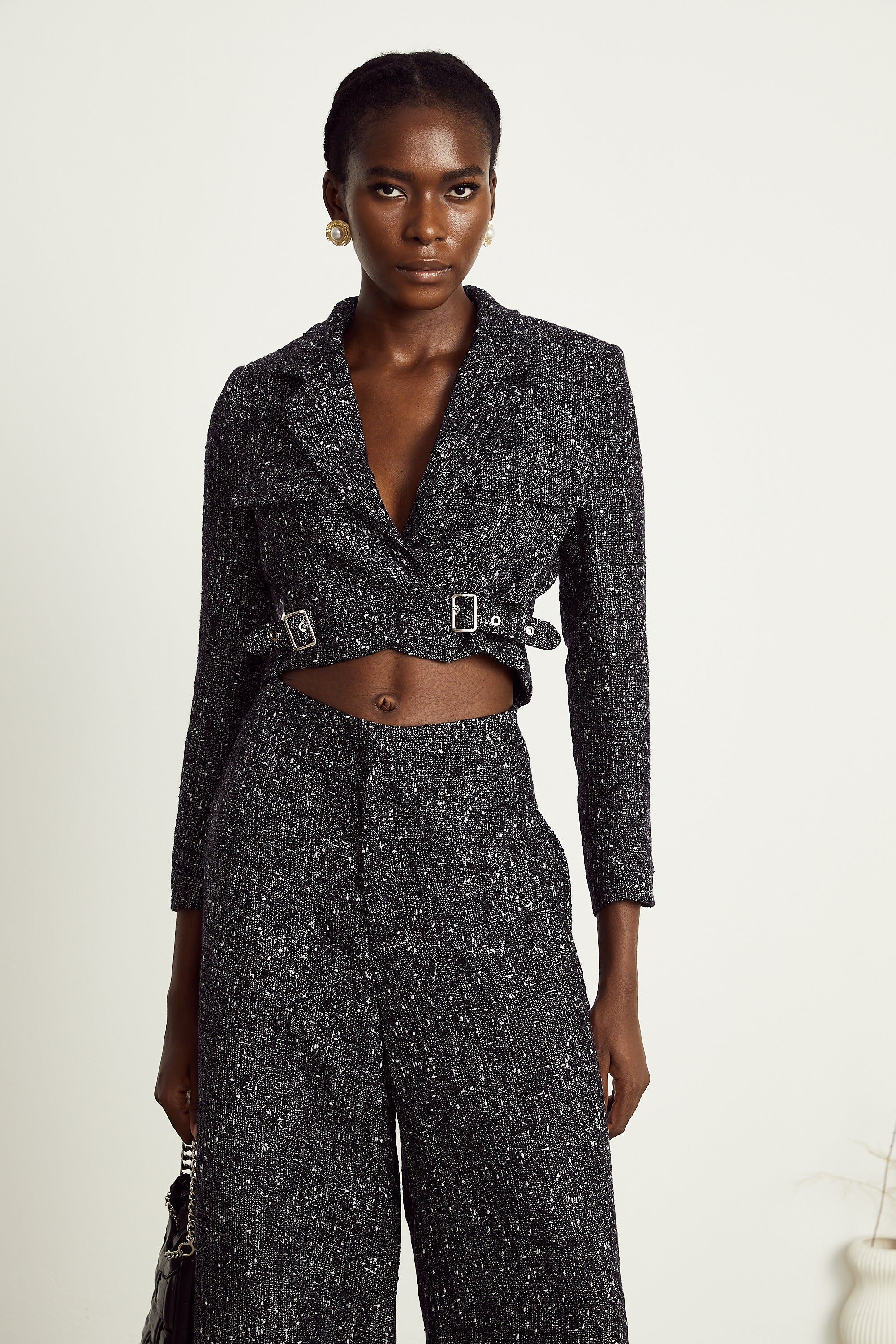 Inès black tweed jacket & trousers matching set