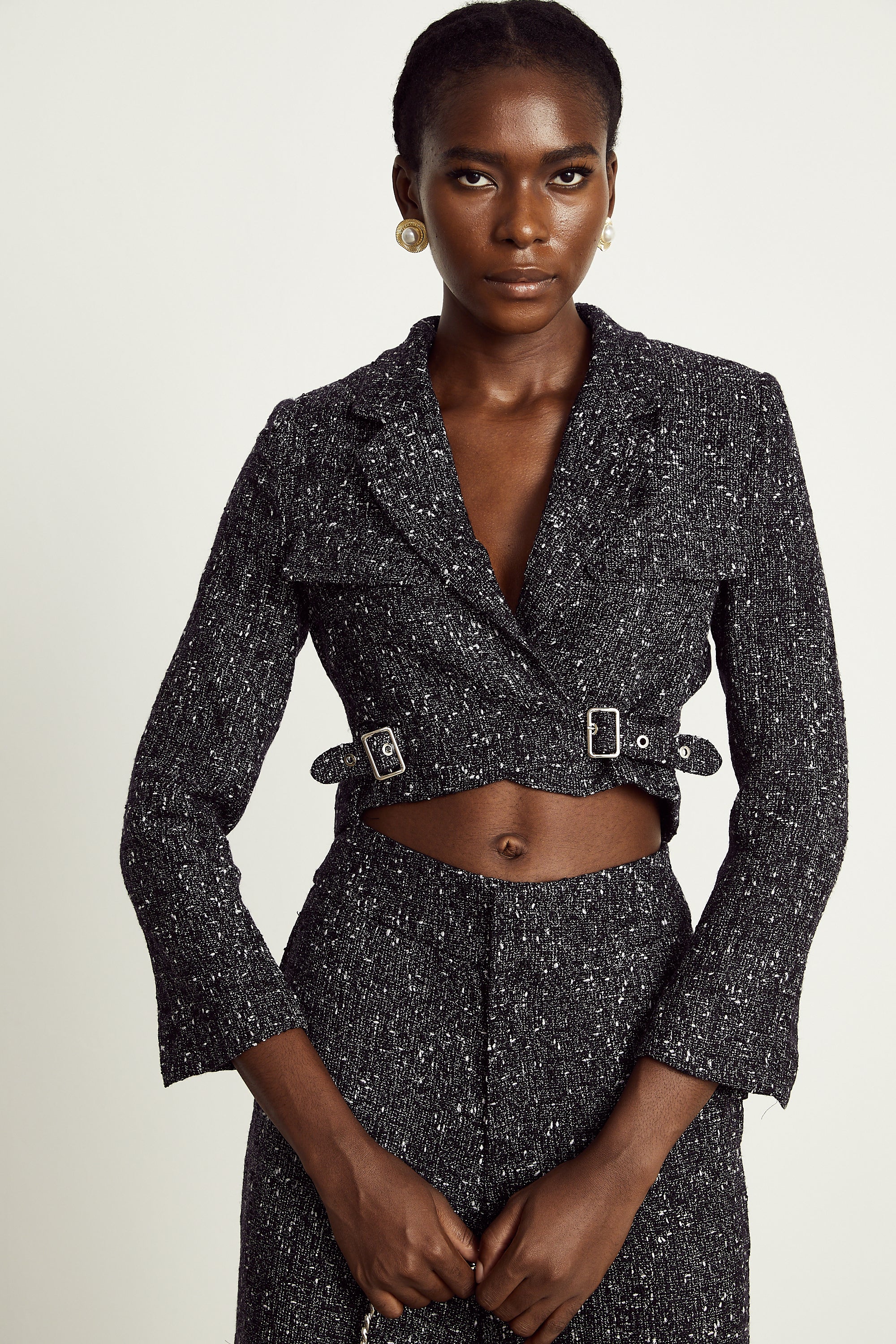 Inès black tweed jacket & trousers matching set