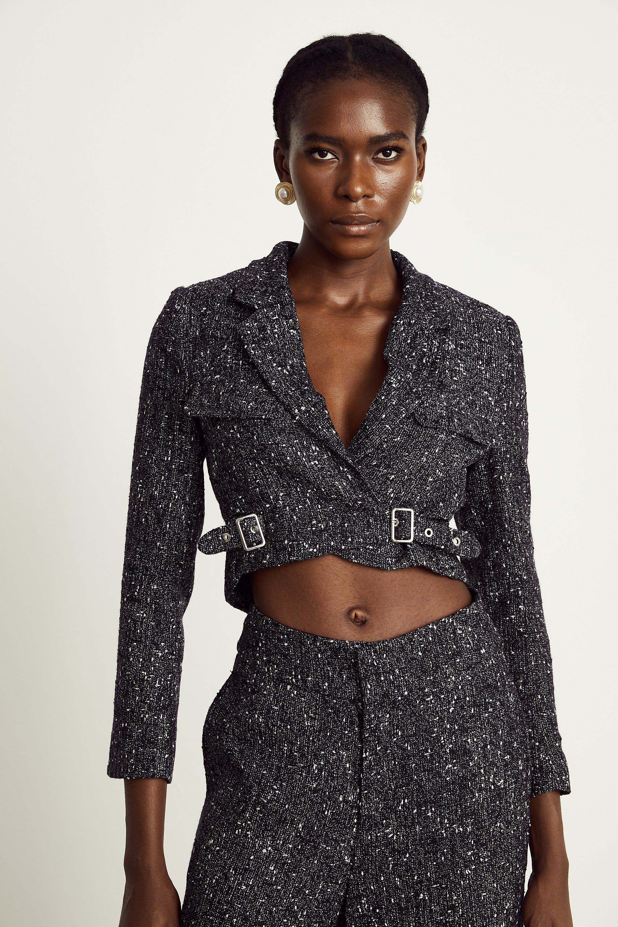 Inès black tweed jacket & trousers matching set