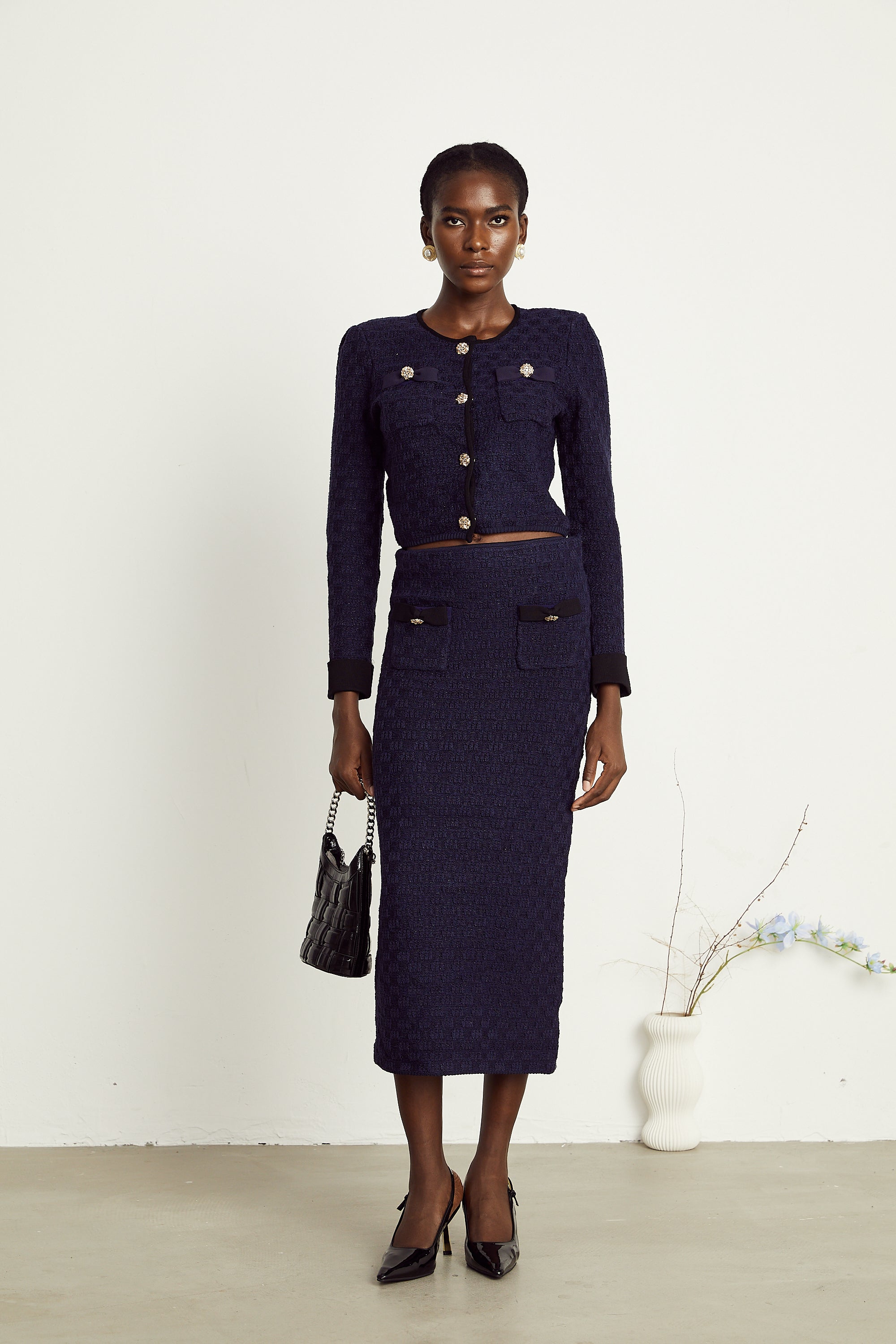 Éléonore navy-blue check-pattern jacket & skirt matching set