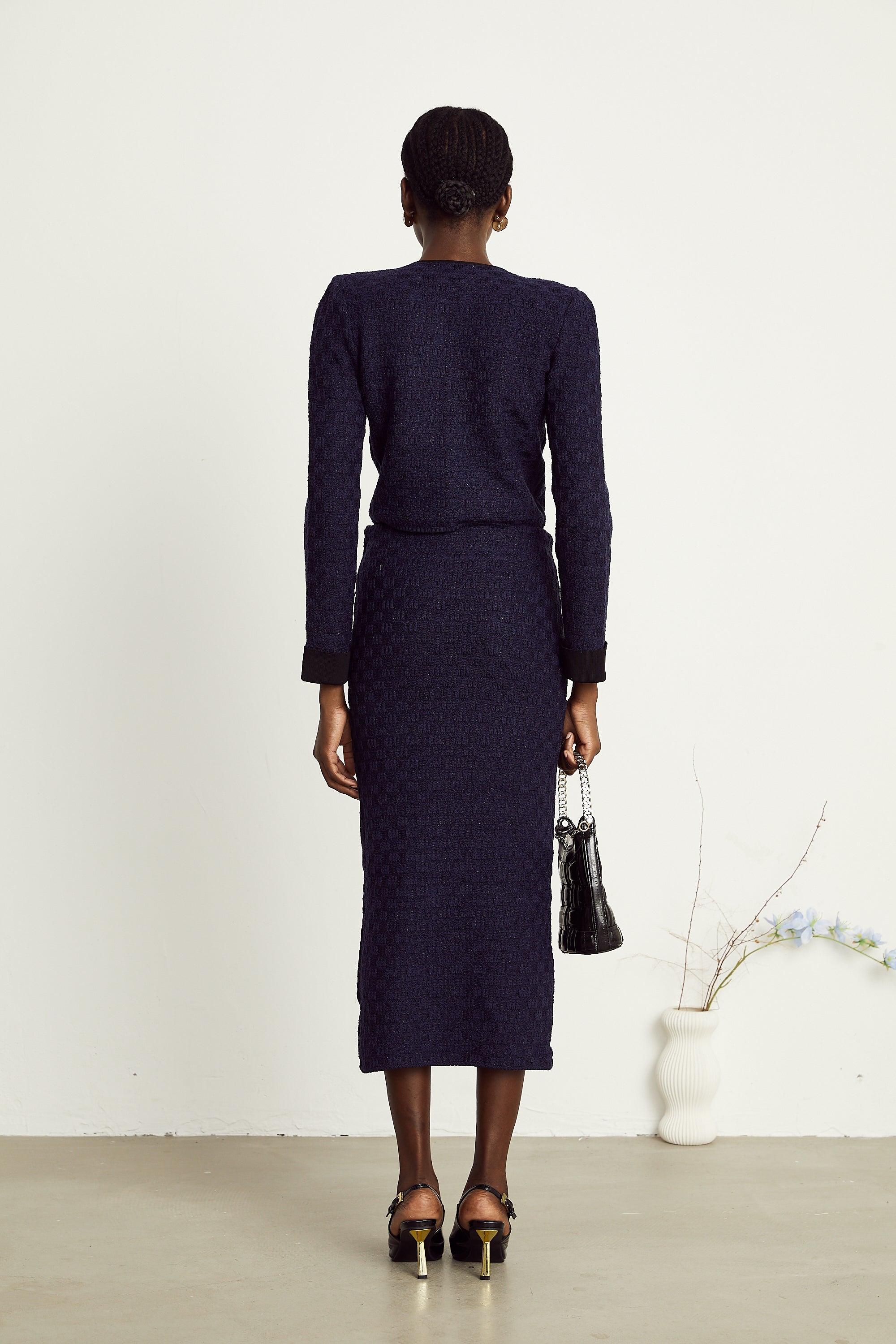 Éléonore navy-blue check-pattern jacket & skirt matching set