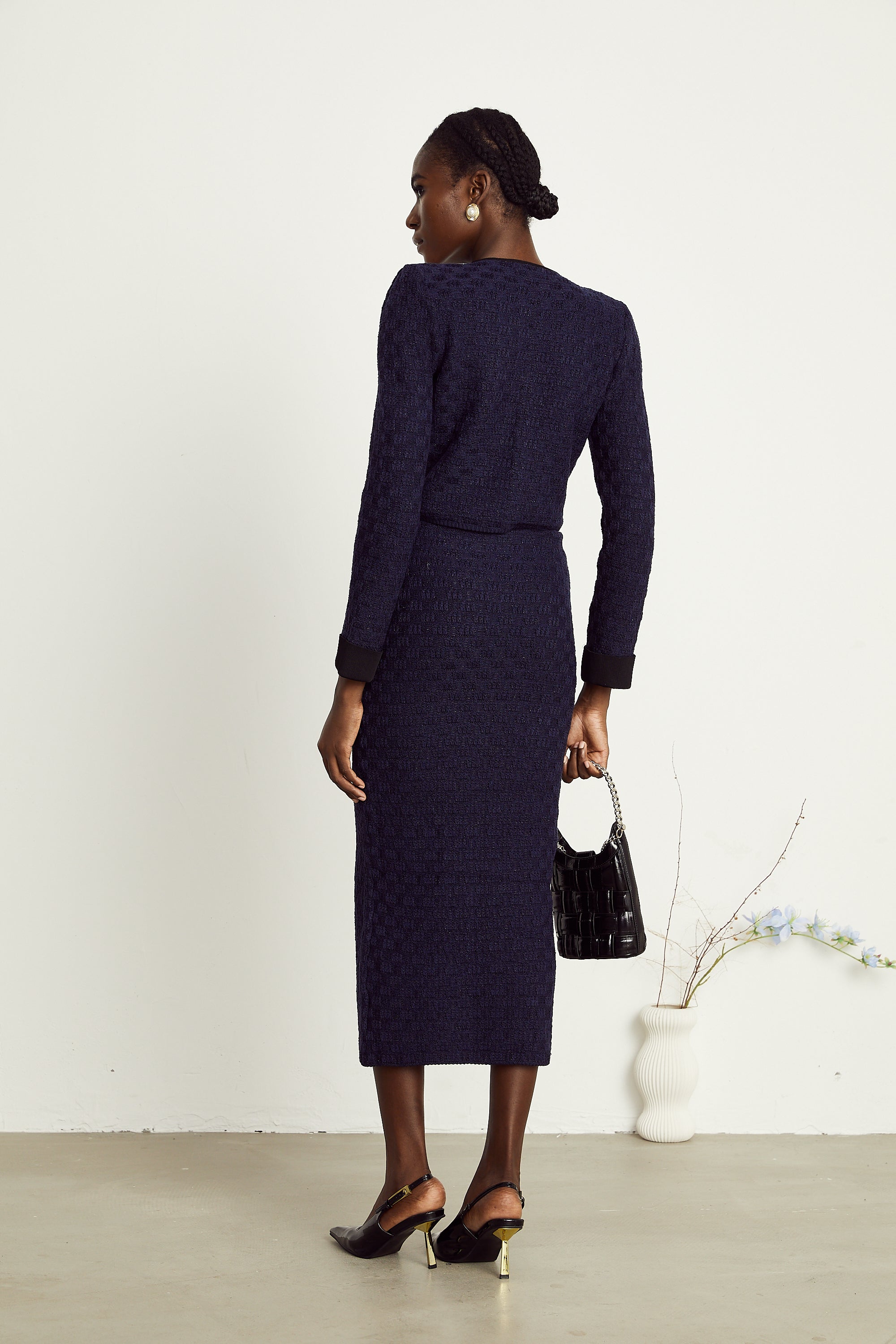 Éléonore navy-blue check-pattern jacket & skirt matching set