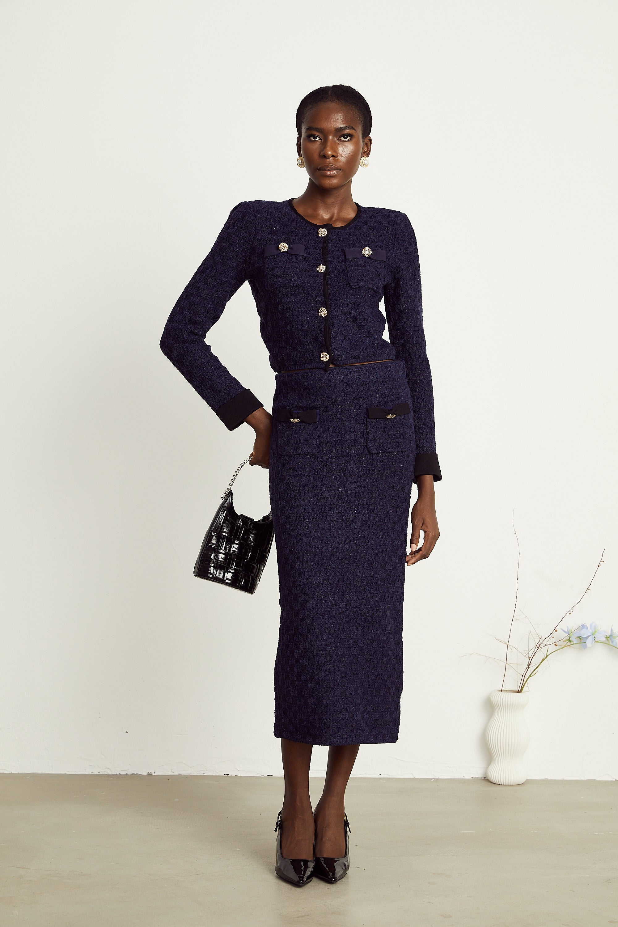 Éléonore navy-blue check-pattern jacket & skirt matching set