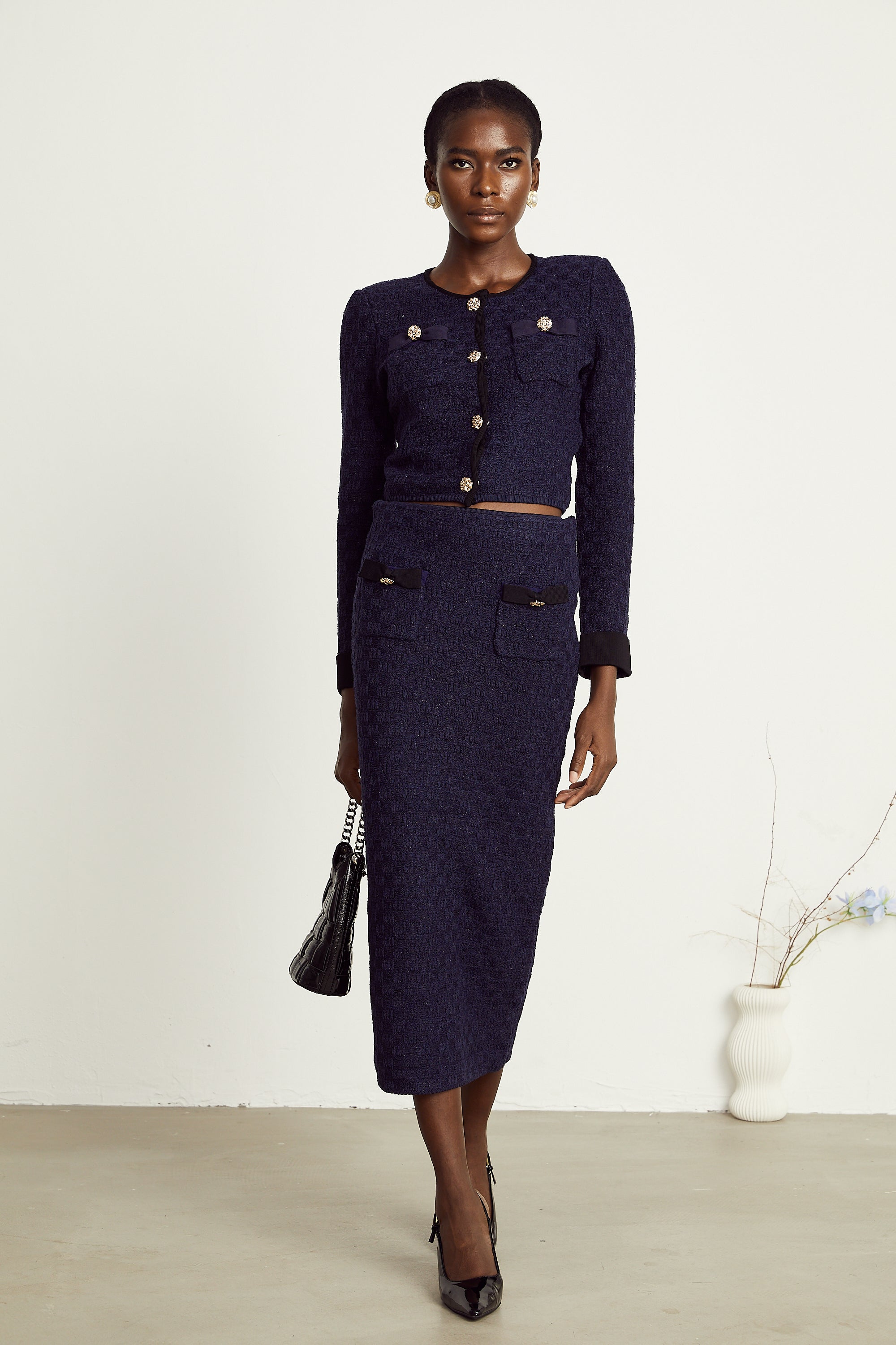 Éléonore navy-blue check-pattern jacket & skirt matching set