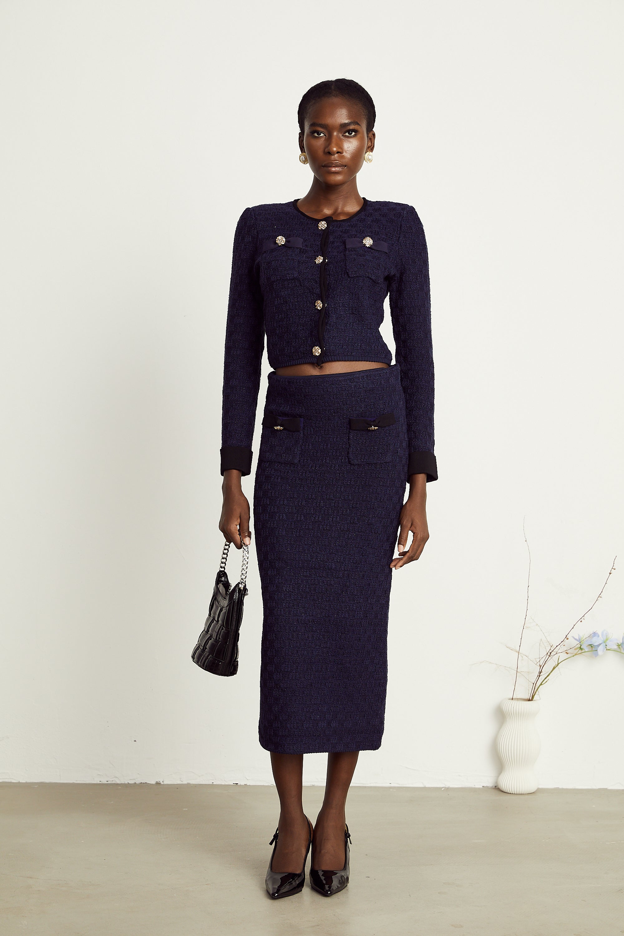 Éléonore navy-blue check-pattern jacket & skirt matching set