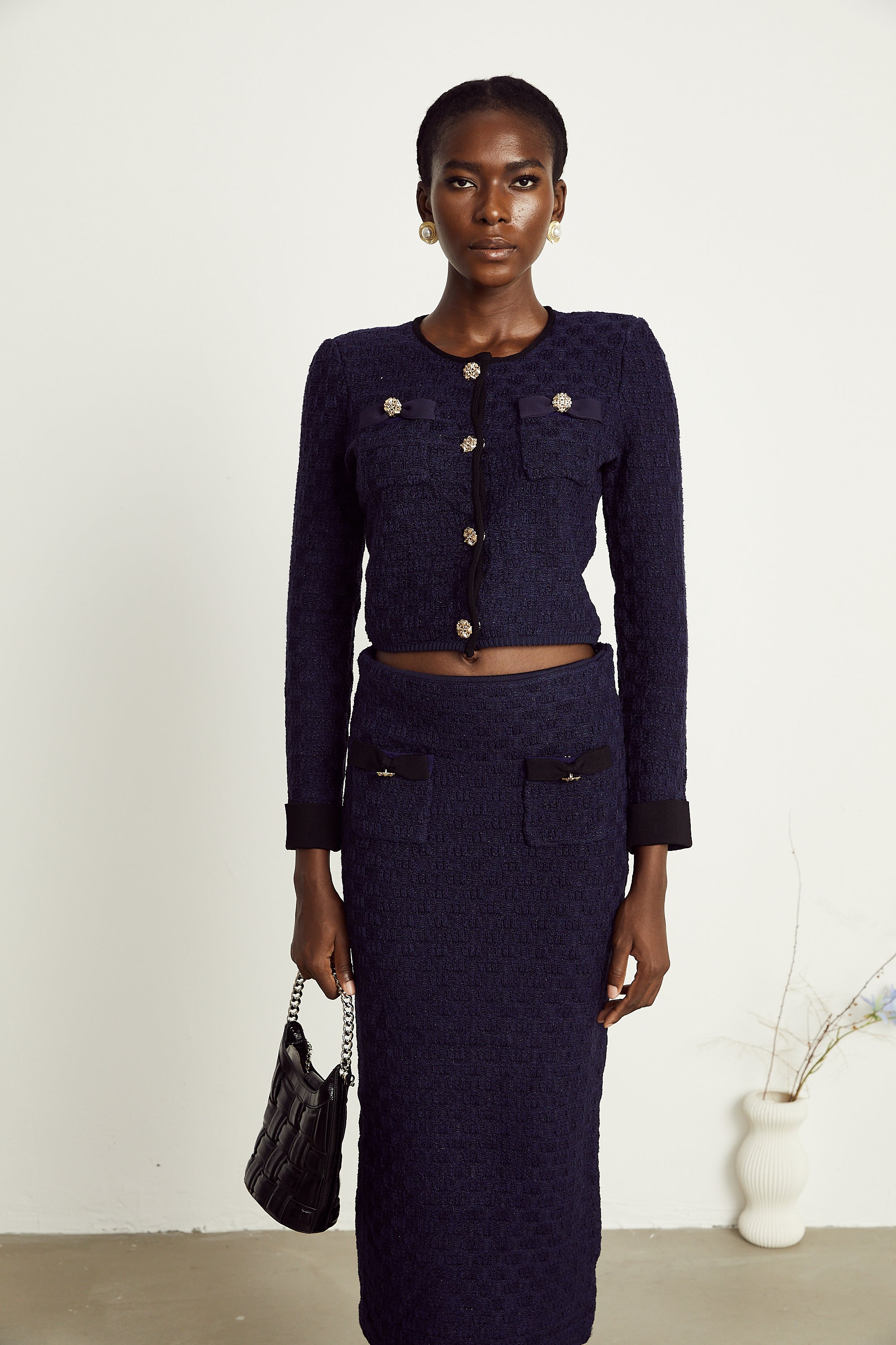 Éléonore navy-blue check-pattern jacket & skirt matching set