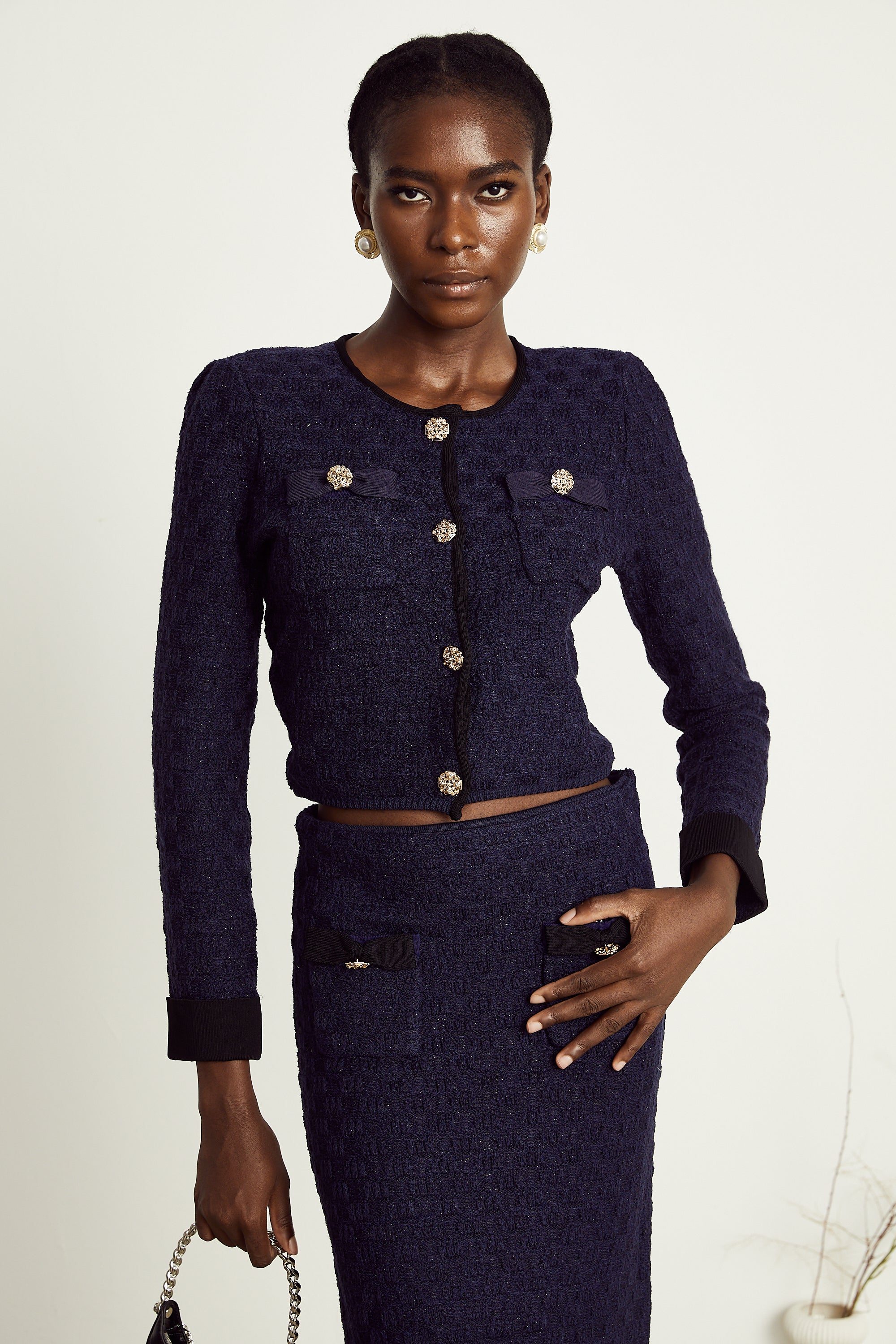 Éléonore navy-blue check-pattern jacket & skirt matching set