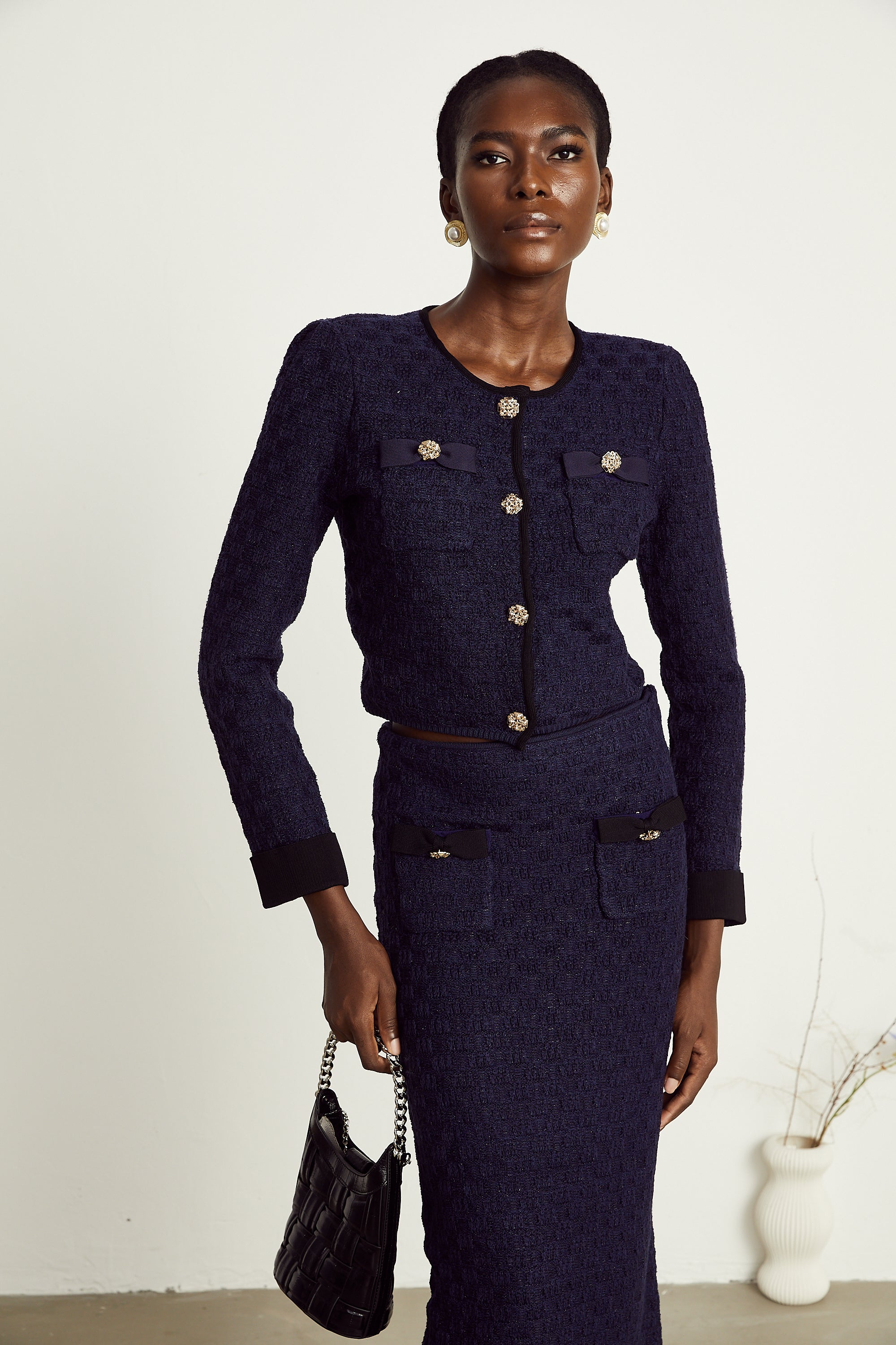 Éléonore navy-blue check-pattern jacket & skirt matching set