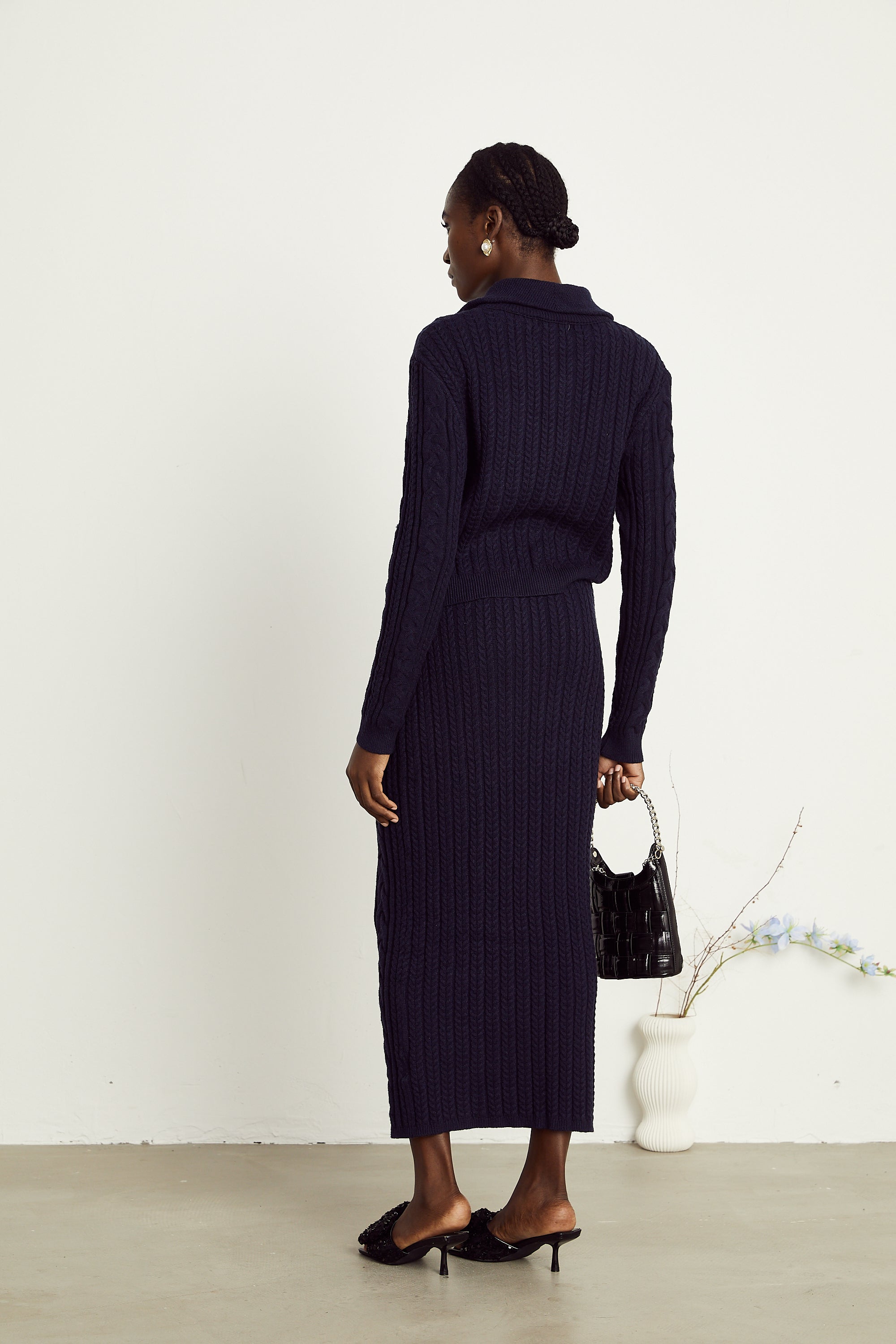 Capucine navy-blue knit jacket & skirt matching set