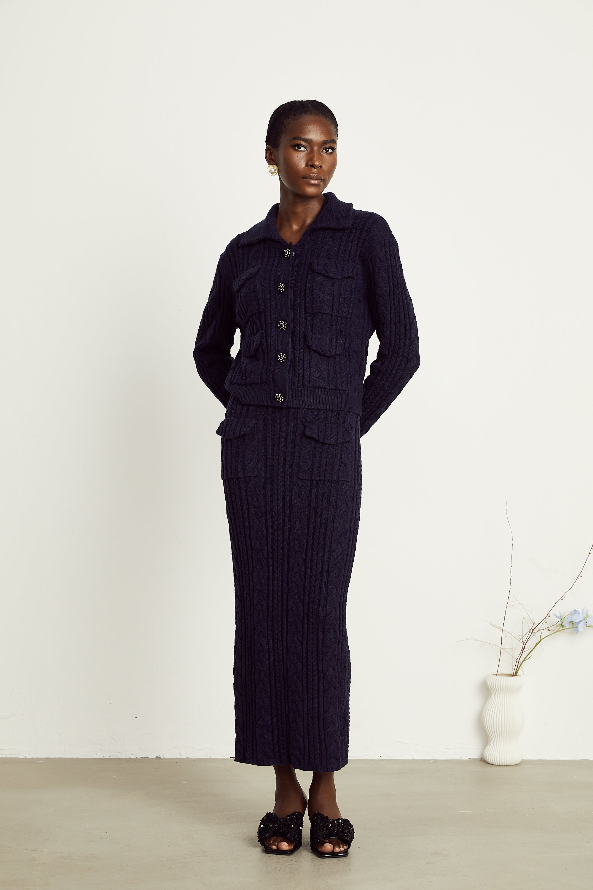 Capucine navy-blue knit jacket & skirt matching set