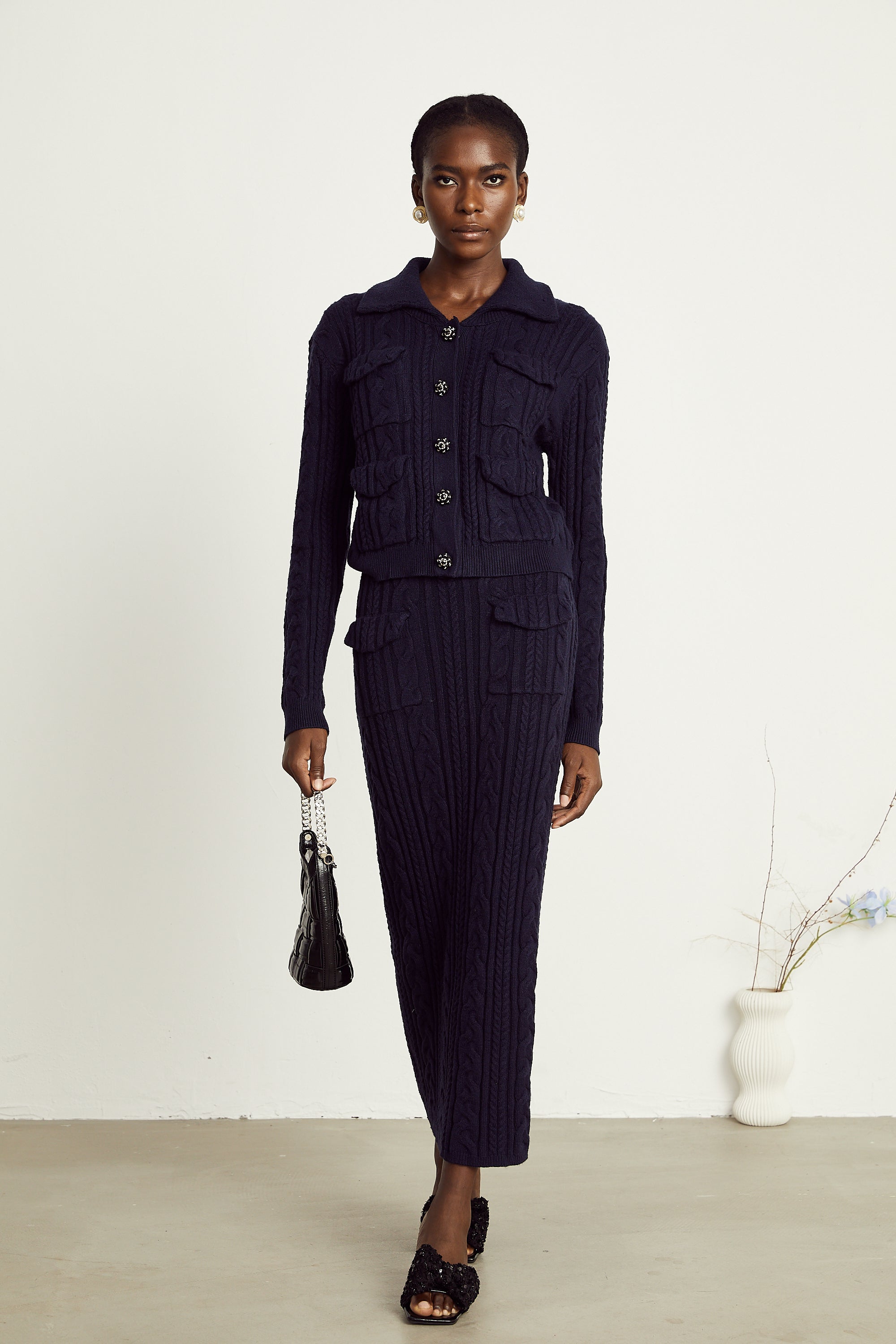 Capucine navy-blue knit jacket & skirt matching set