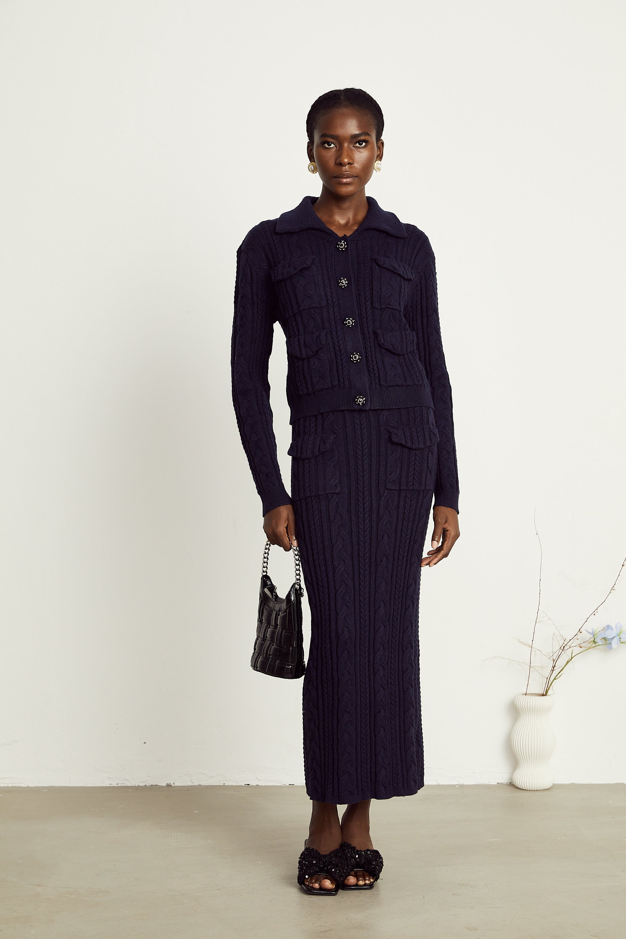 Capucine navy-blue knit jacket & skirt matching set