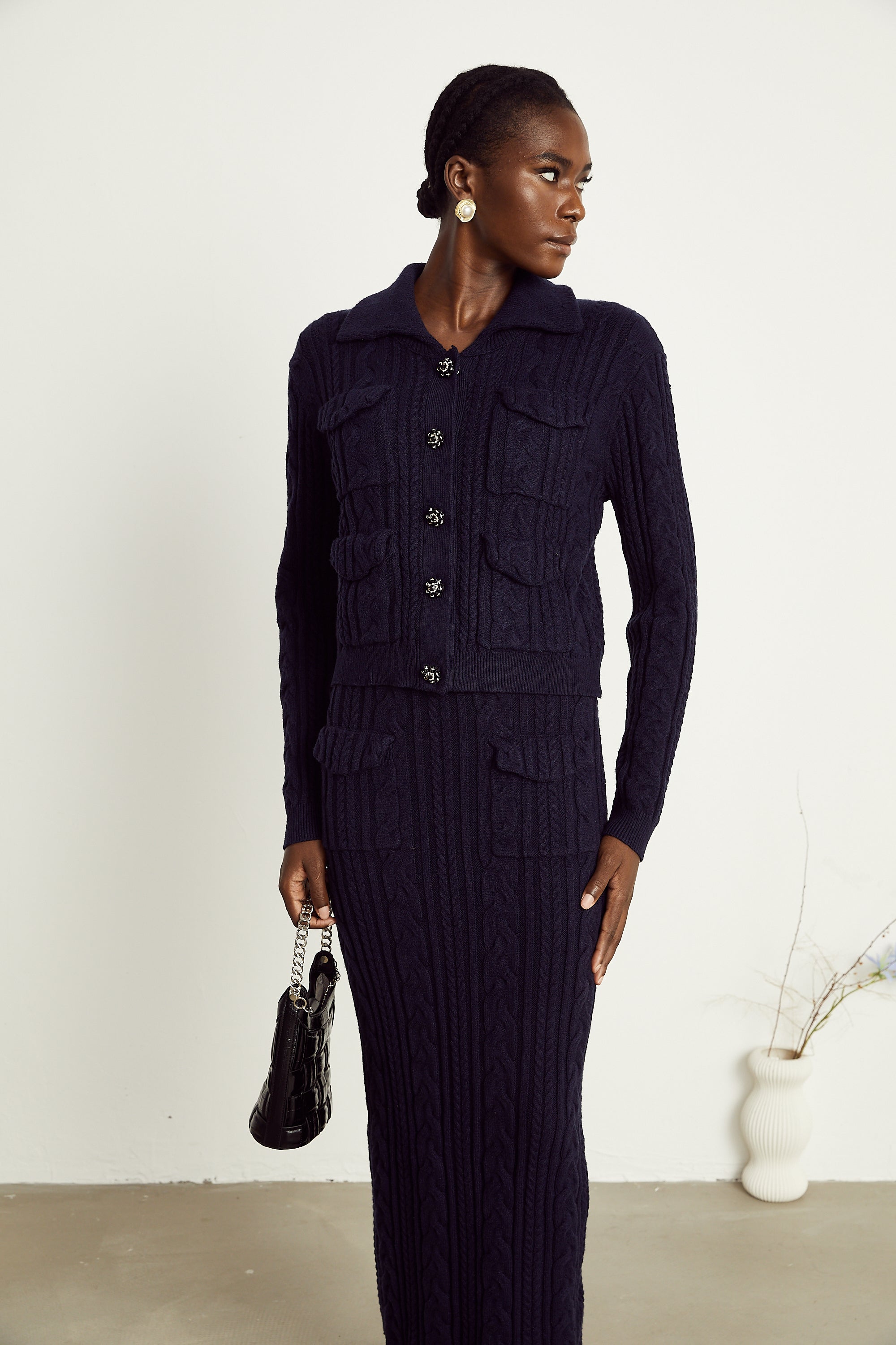 Capucine navy-blue knit jacket & skirt matching set