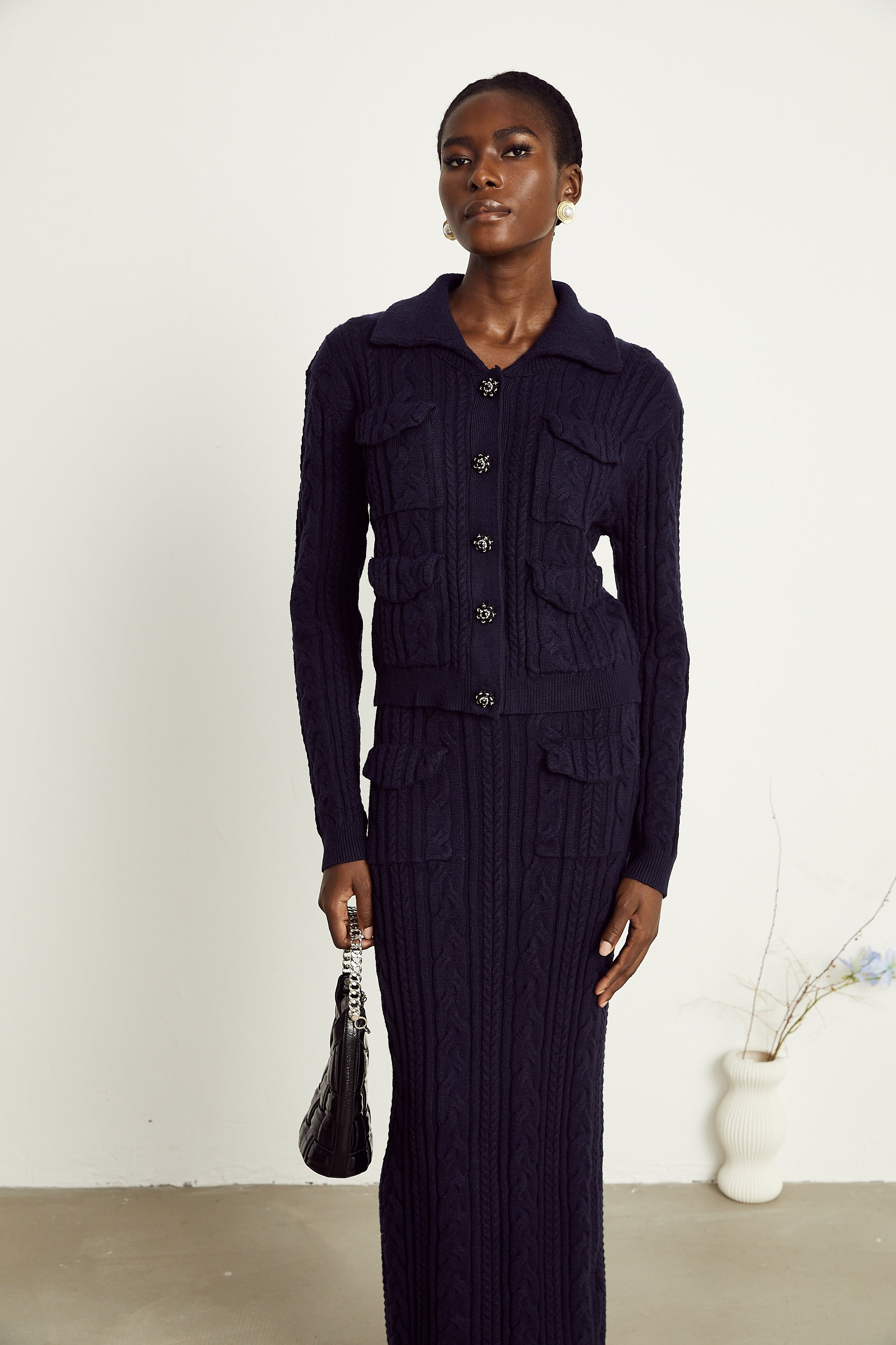 Capucine navy-blue knit jacket & skirt matching set