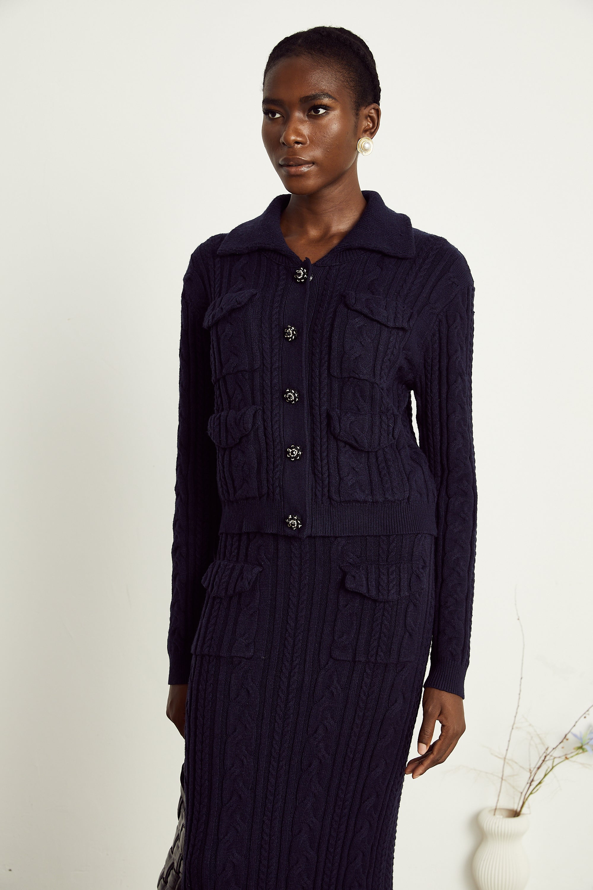 Capucine navy-blue knit jacket & skirt matching set