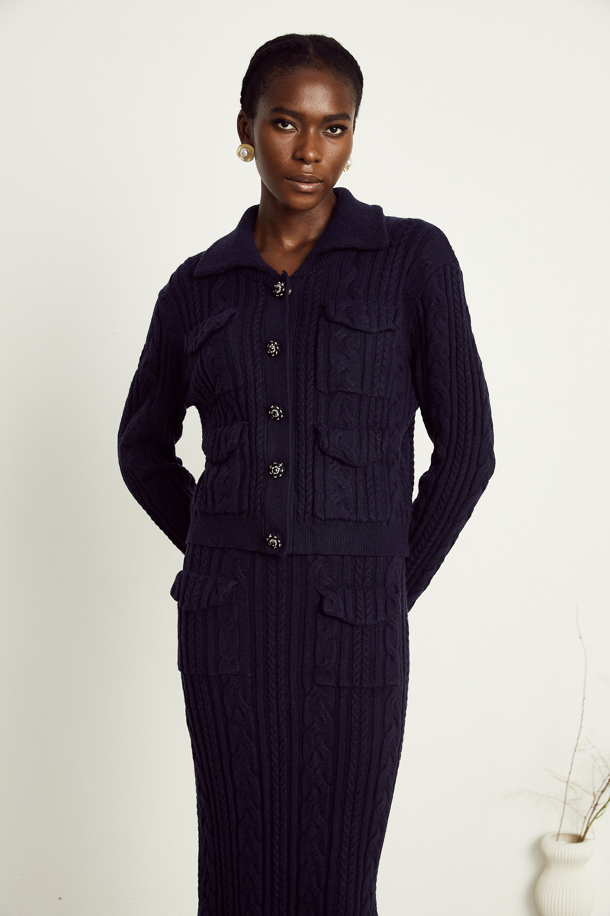 Capucine navy-blue knit jacket & skirt matching set