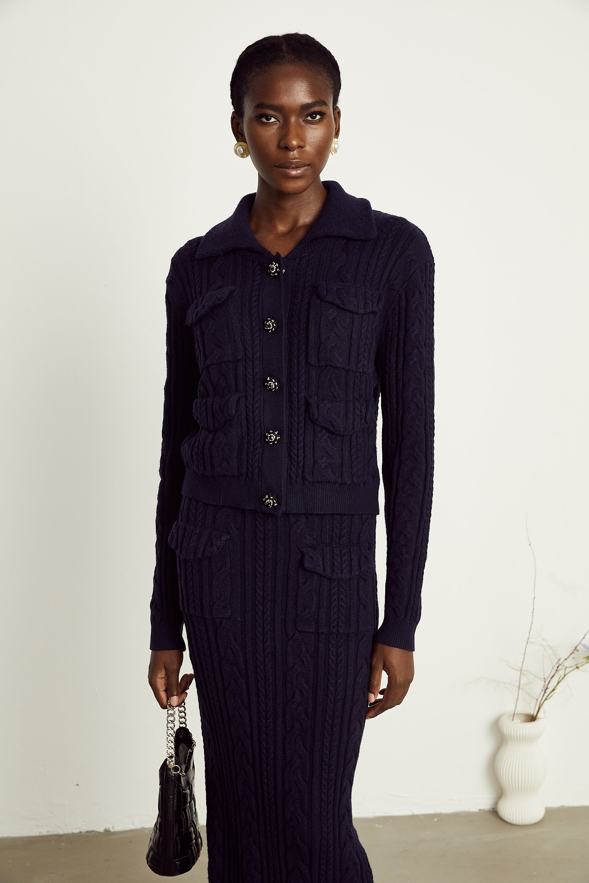 Capucine navy-blue knit jacket & skirt matching set