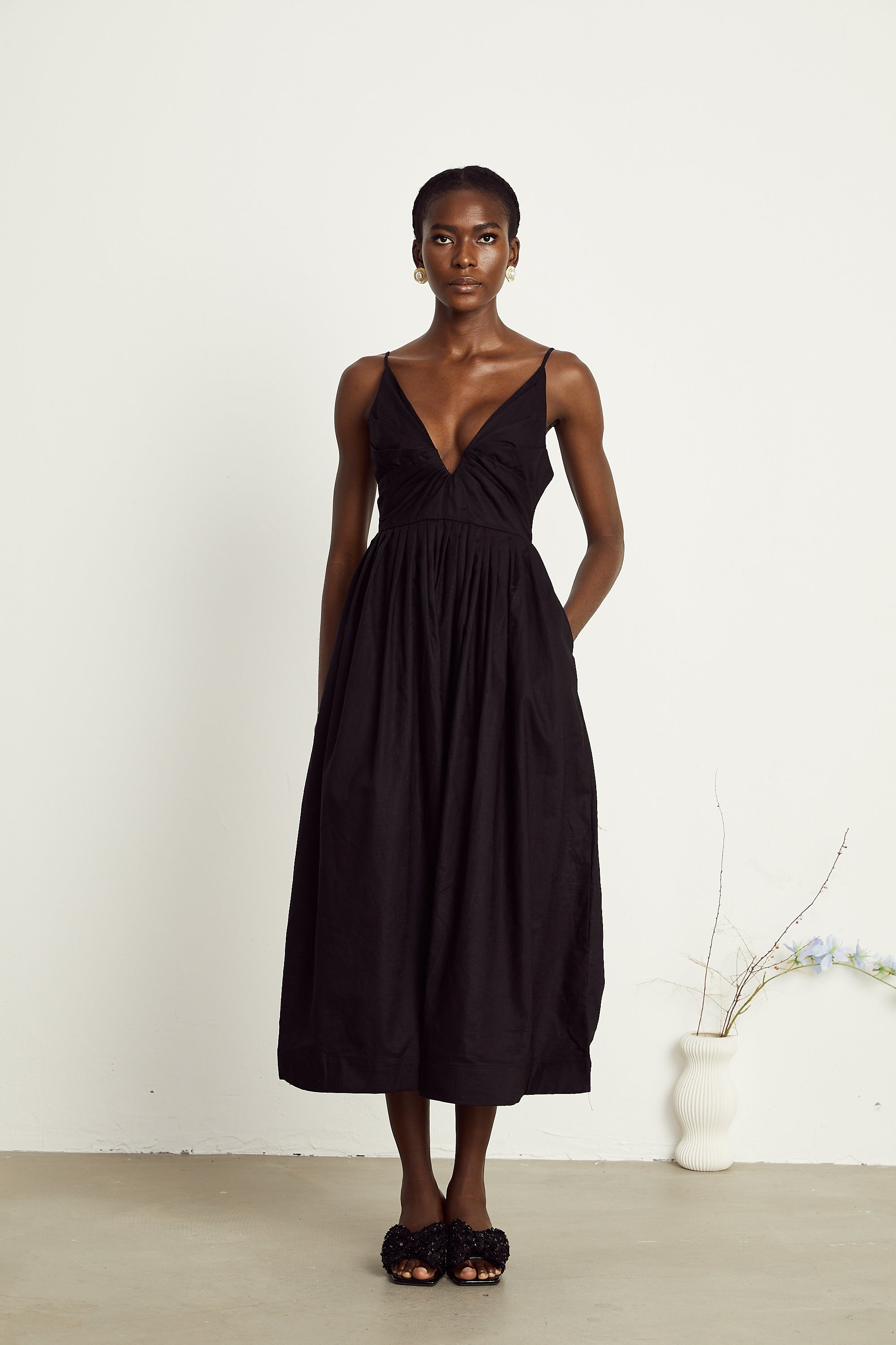 Manon black smocking pleated midi dress