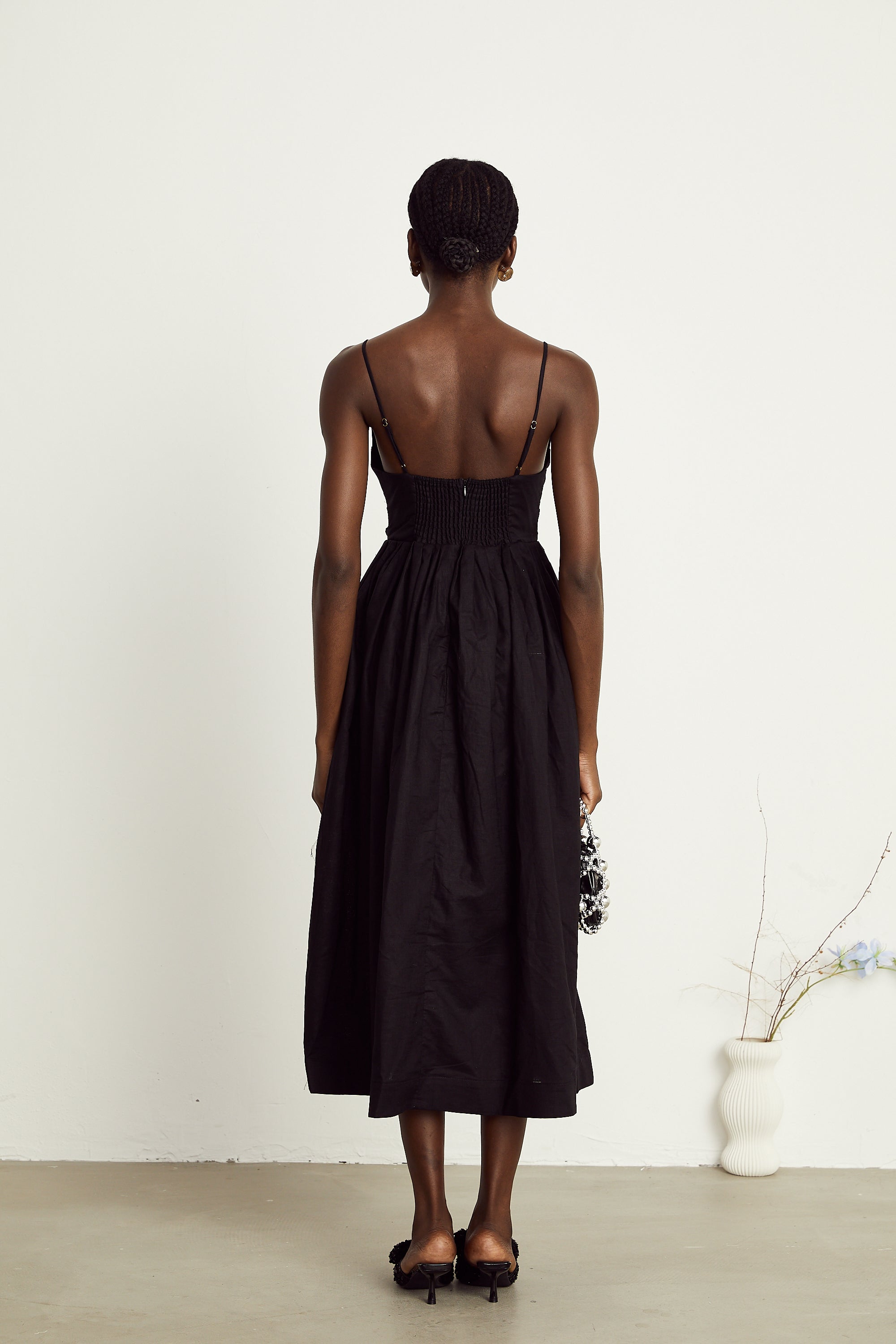 Manon black smocking pleated midi dress