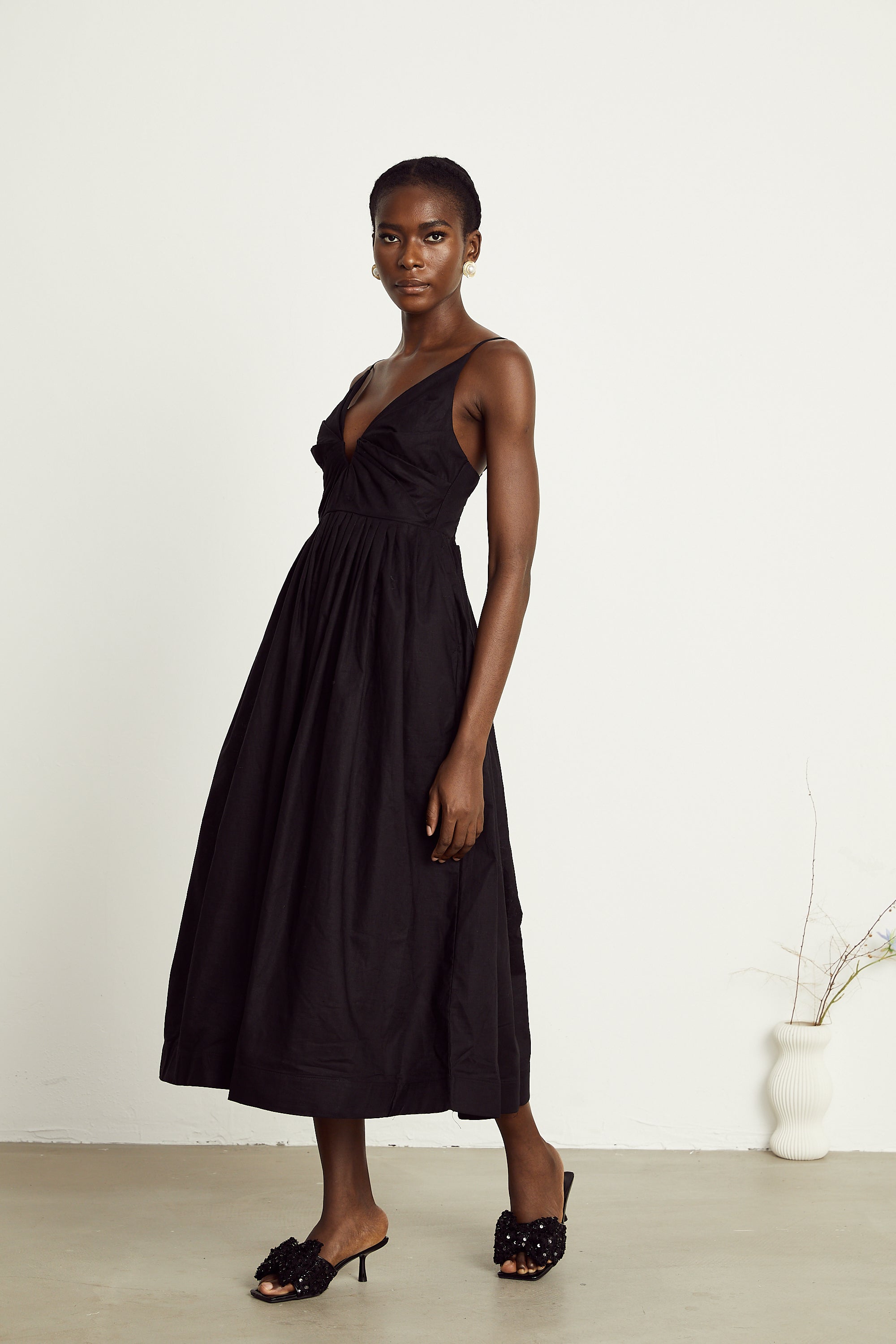 Manon black smocking pleated midi dress