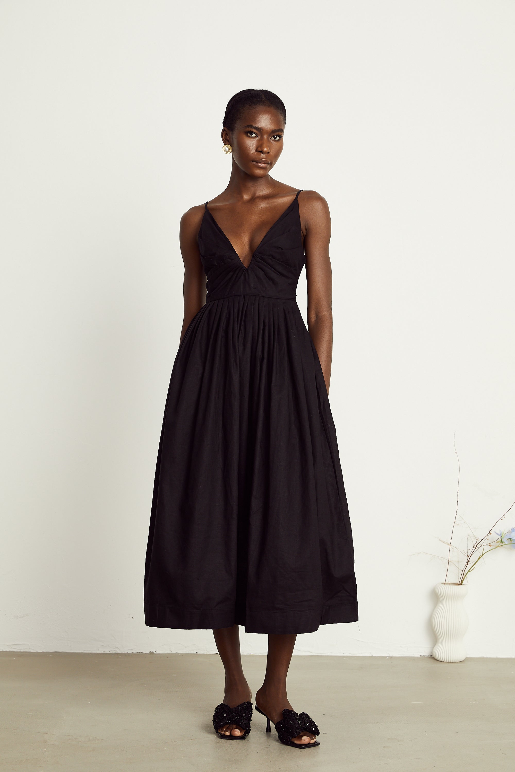 Manon black smocking pleated midi dress