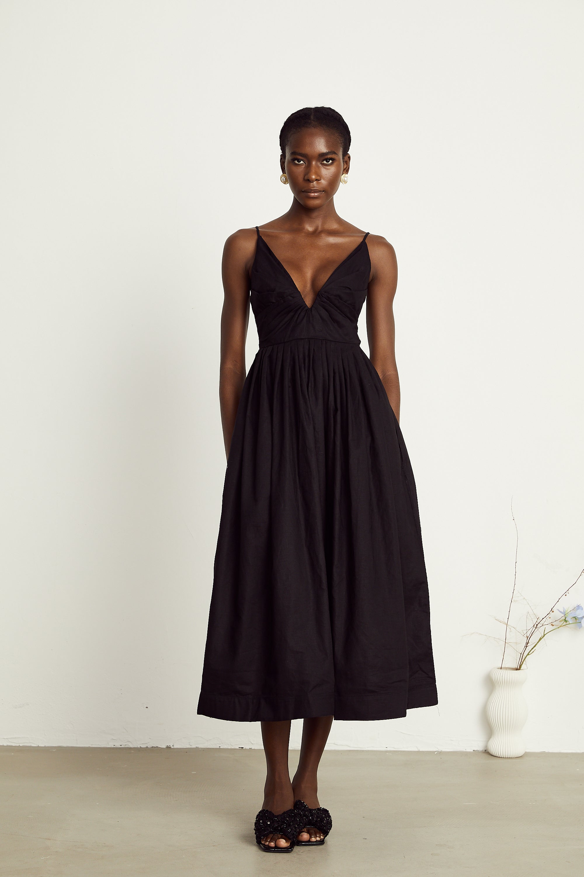 Manon black smocking pleated midi dress