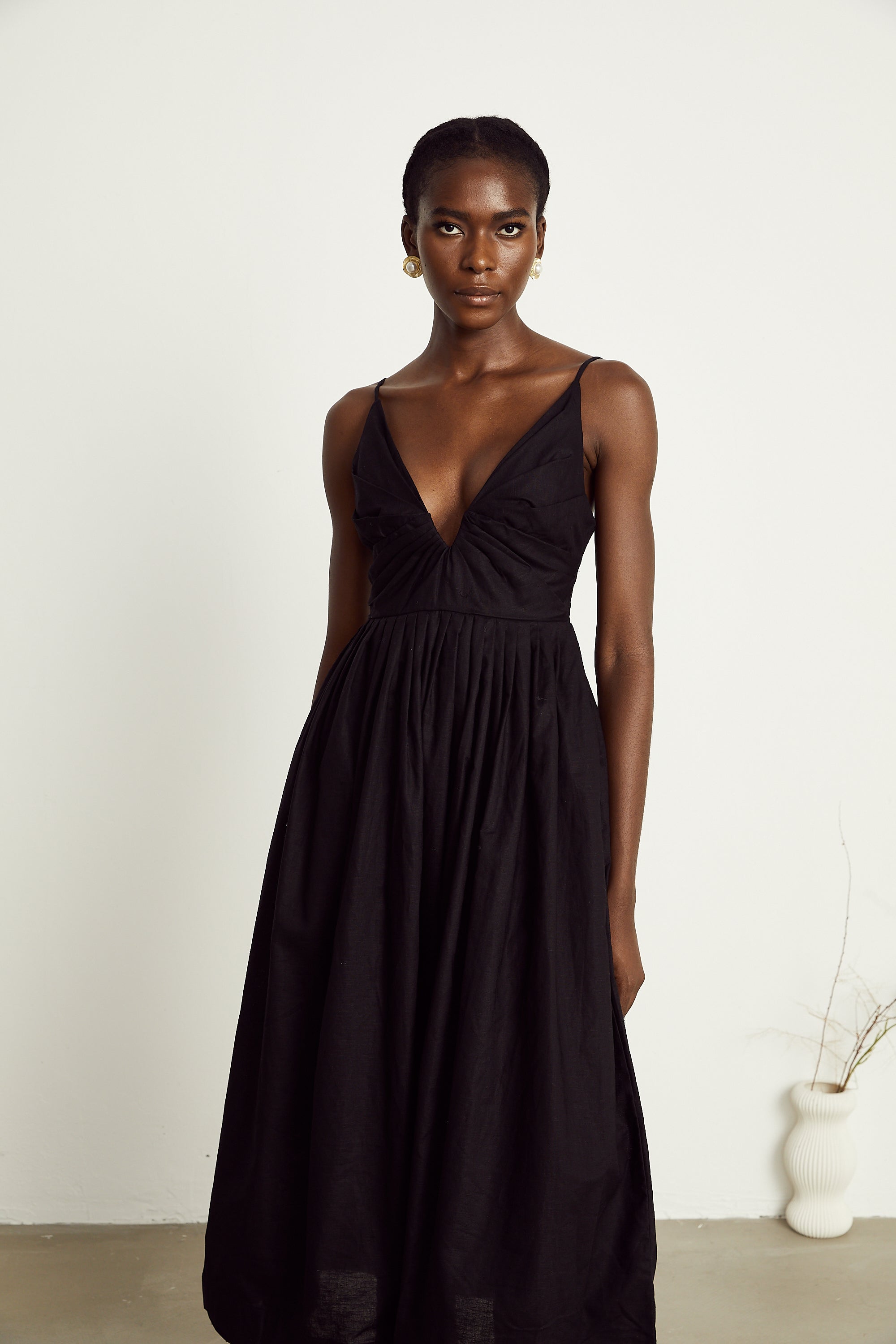 Manon black smocking pleated midi dress