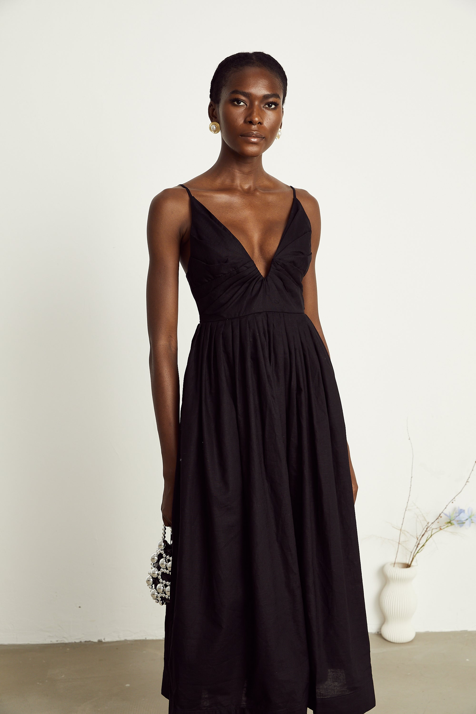 Manon black smocking pleated midi dress