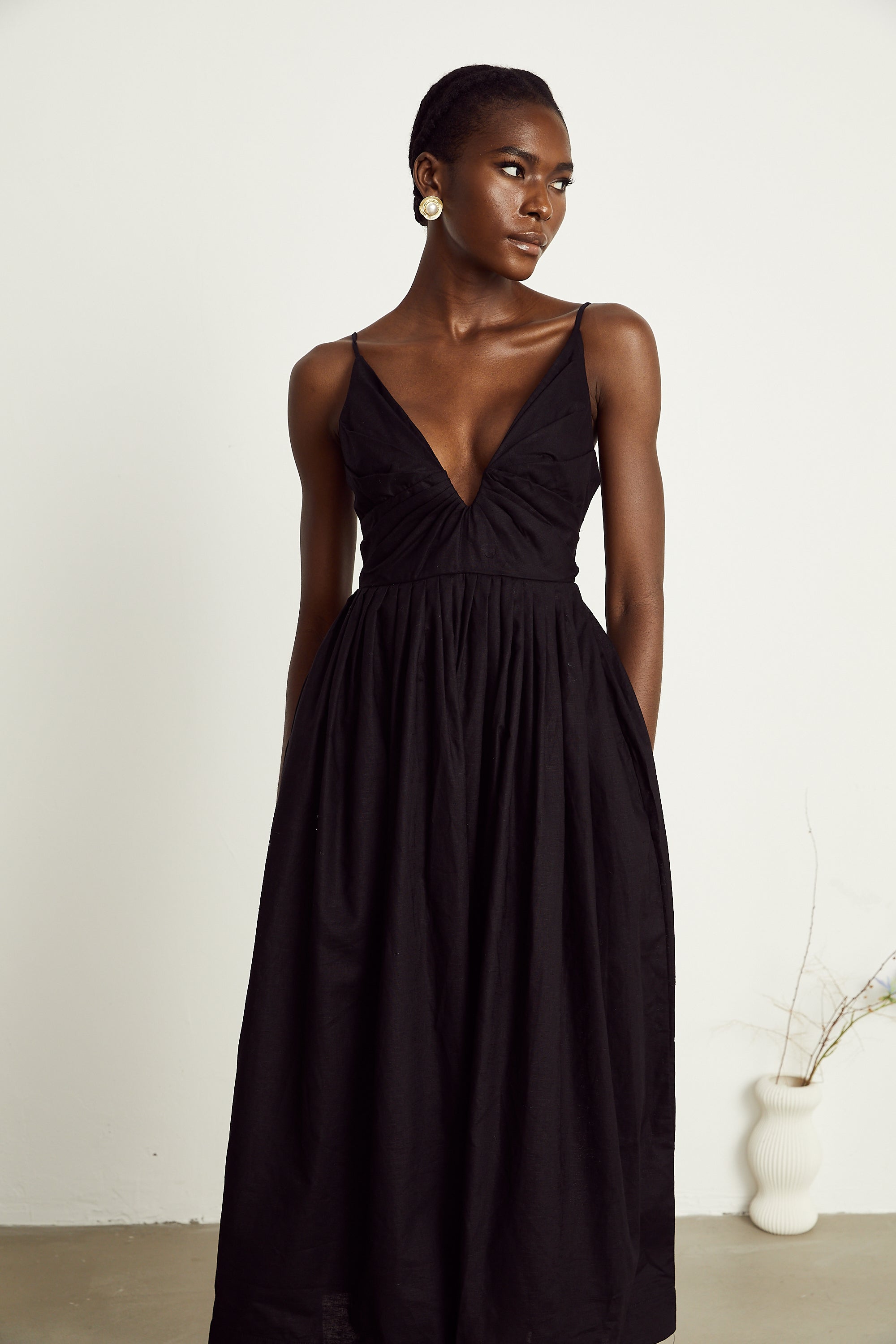 Manon black smocking pleated midi dress