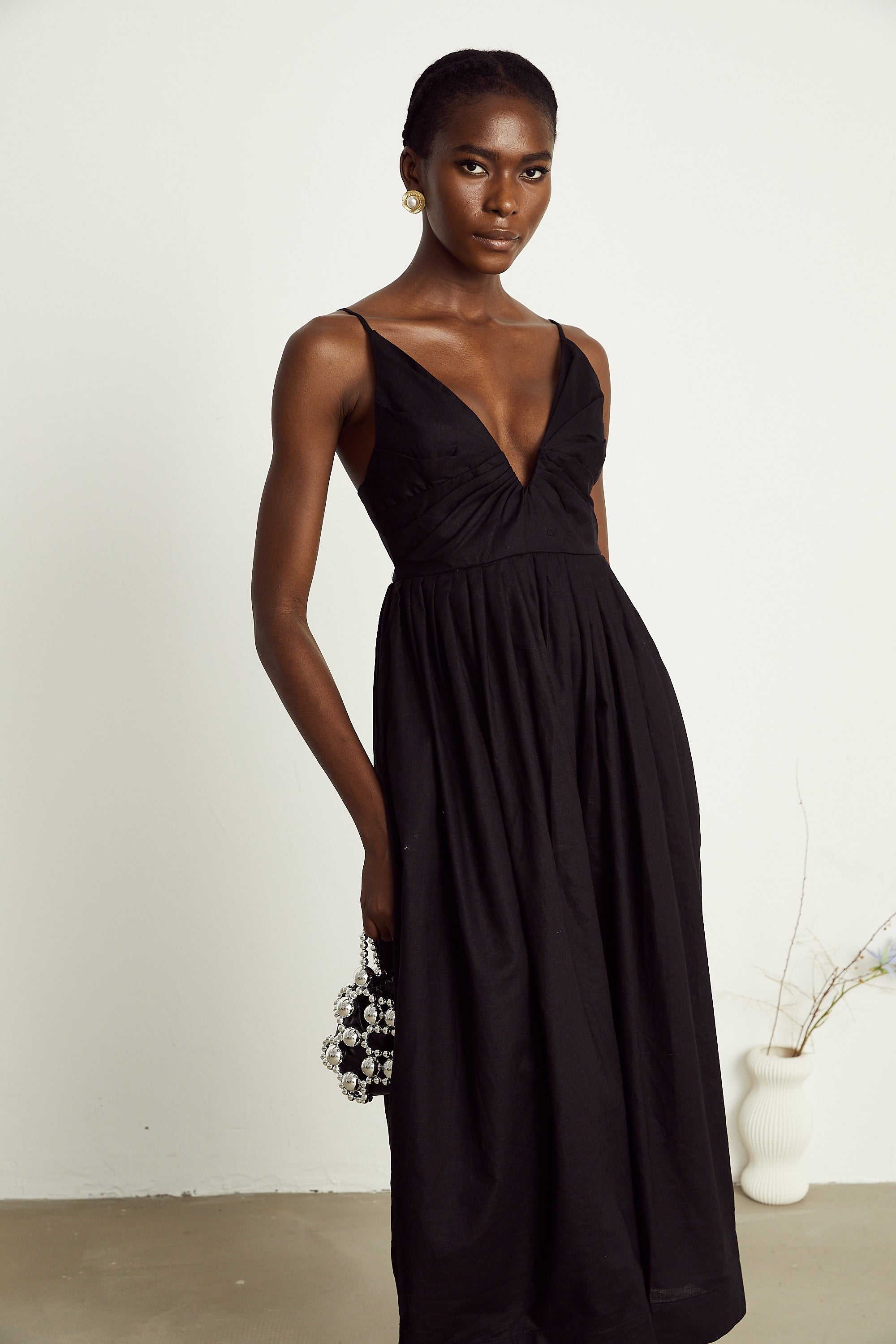 Manon black smocking pleated midi dress