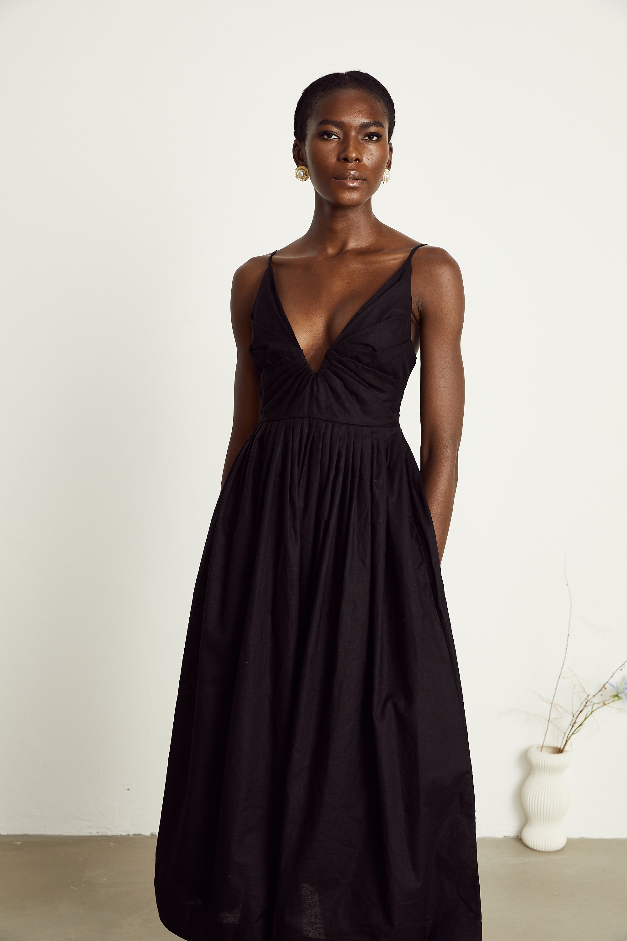 Manon black smocking pleated midi dress