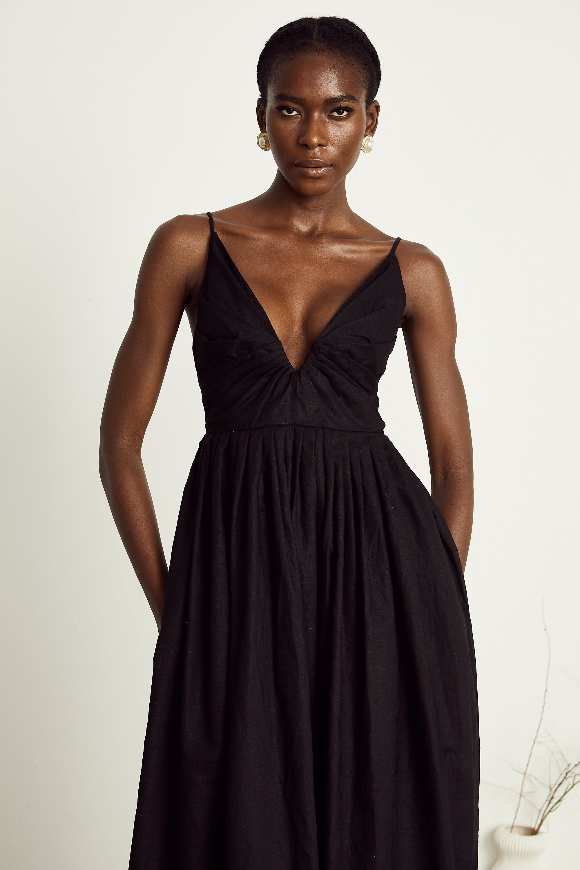 Manon black smocking pleated midi dress